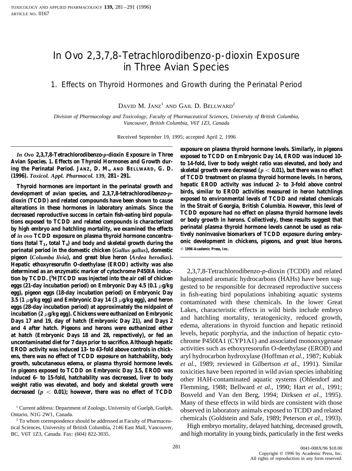 In Ovo 2,3,7,8-Tetrachlorodibenzo-p-dioxin Exposure in Three Avian Species. 1. Effects of Thyroid Hormones and Growth during the Perinatal Period by Janz D. M. et al