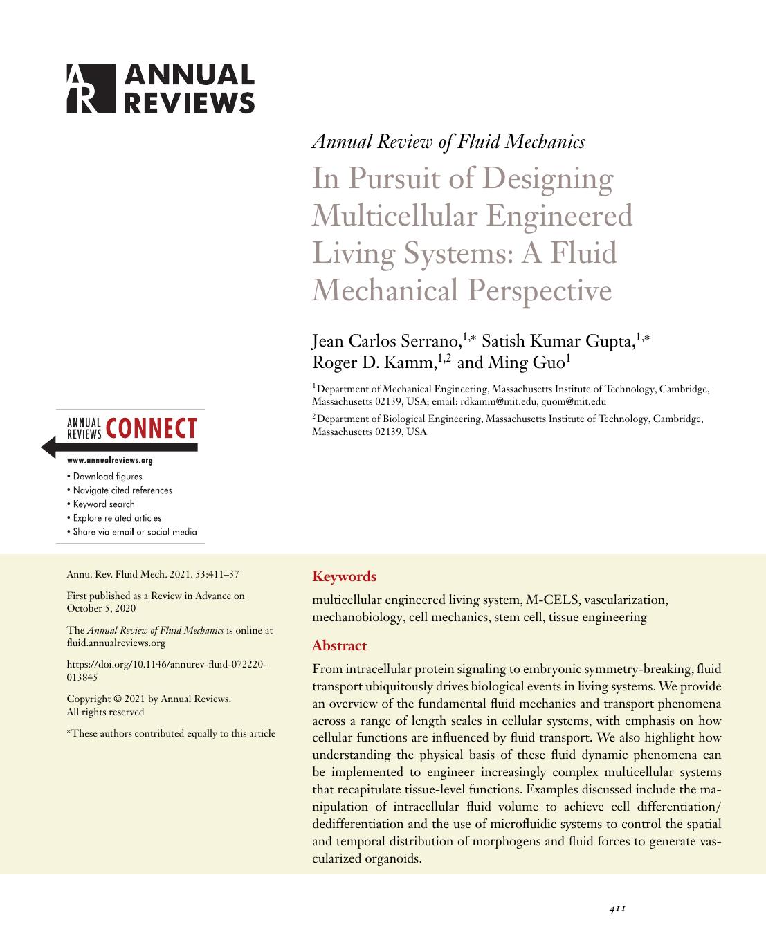 In Pursuit of Designing Multicellular Engineered Living Systems: A Fluid Mechanical Perspective by Jean Carlos Serrano Satish Kumar Gupta Roger D. Kamm Ming Guo