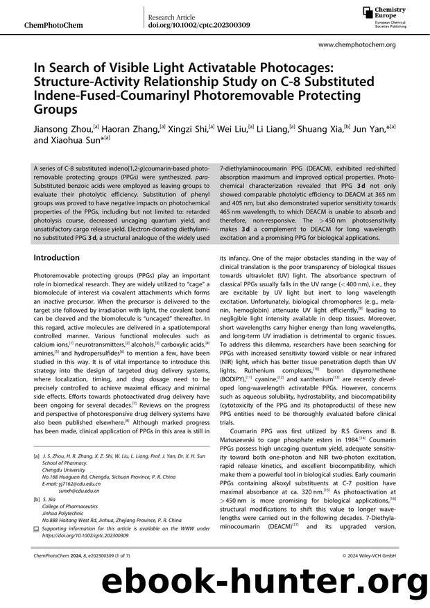 In Search of Visible Light Activatable Photocages: StructureâActivity Relationship Study on Câ8 Substituted IndeneâFusedâCoumarinyl Photoremovable Protecting Groups by Unknown