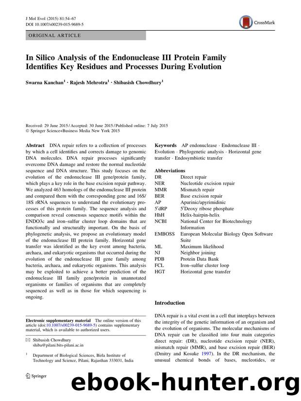 In Silico Analysis of the Endonuclease III Protein Family Identifies Key Residues and Processes During Evolution by Swarna Kanchan & Rajesh Mehrotra & Shibasish Chowdhury