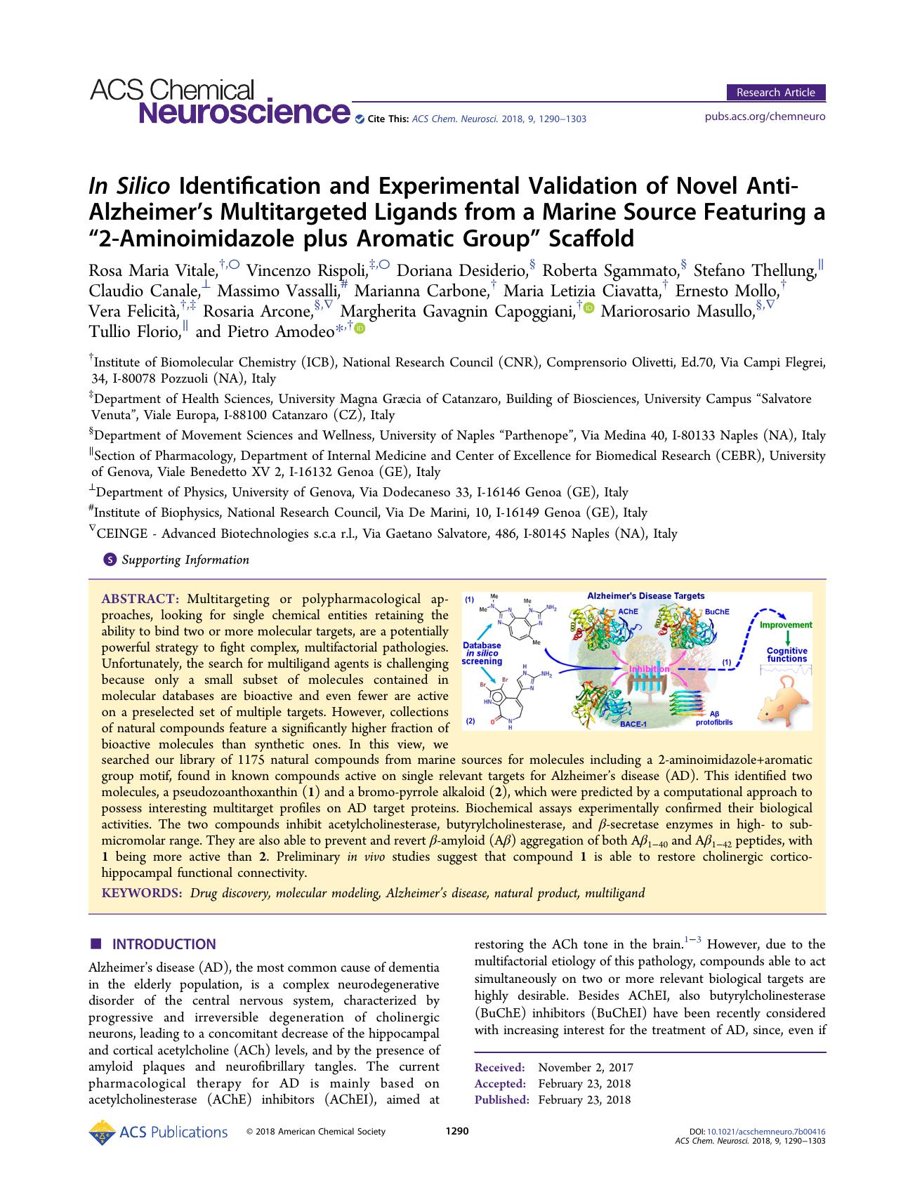 In Silico Identification and Experimental Validation of Novel Anti-Alzheimerâs Multitargeted Ligands from a Marine Source Featuring a â2-Aminoimidazole plus Aromatic Groupâ Scaffold by unknow