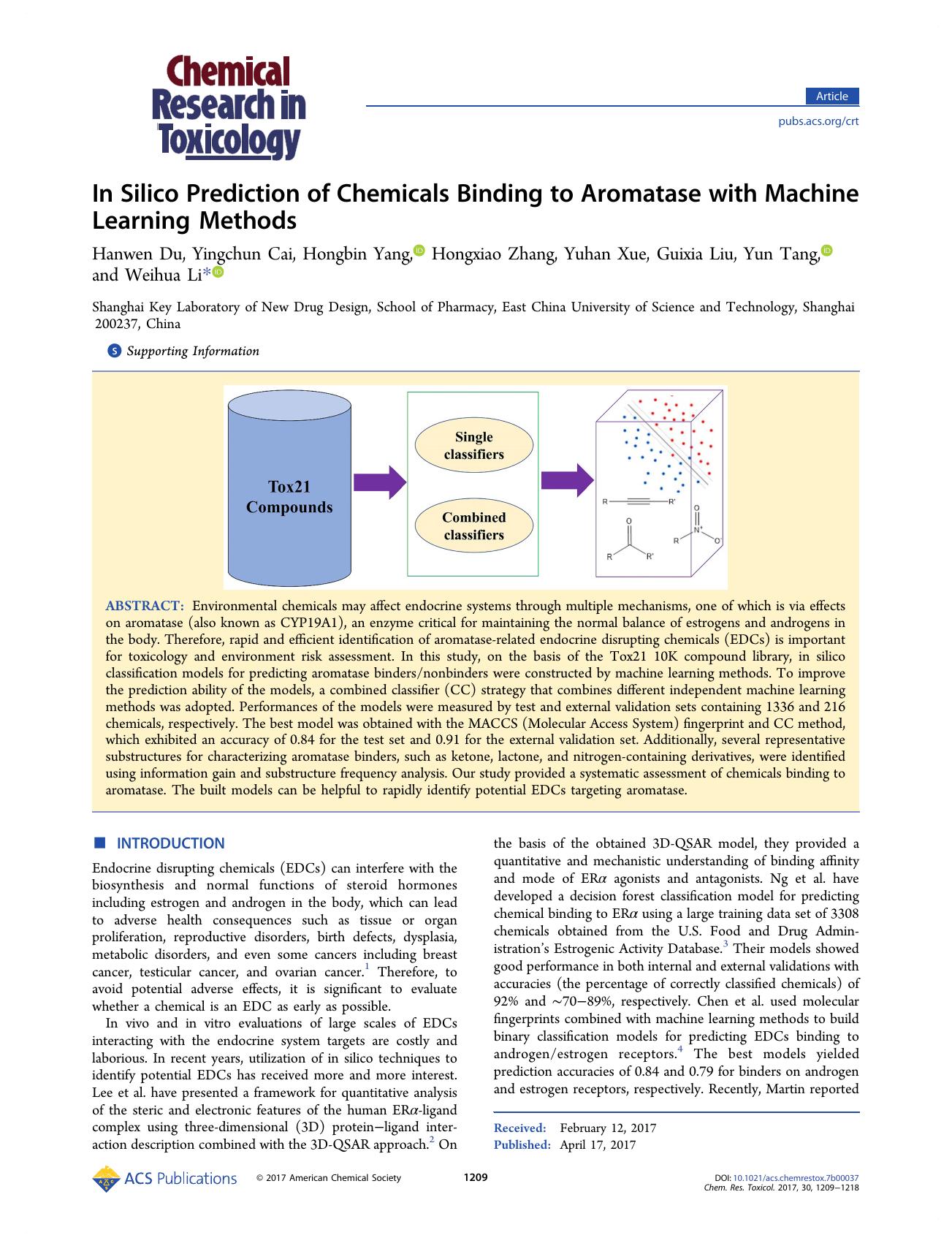 In Silico Prediction of Chemicals Binding to Aromatase with Machine Learning Methods by unknow