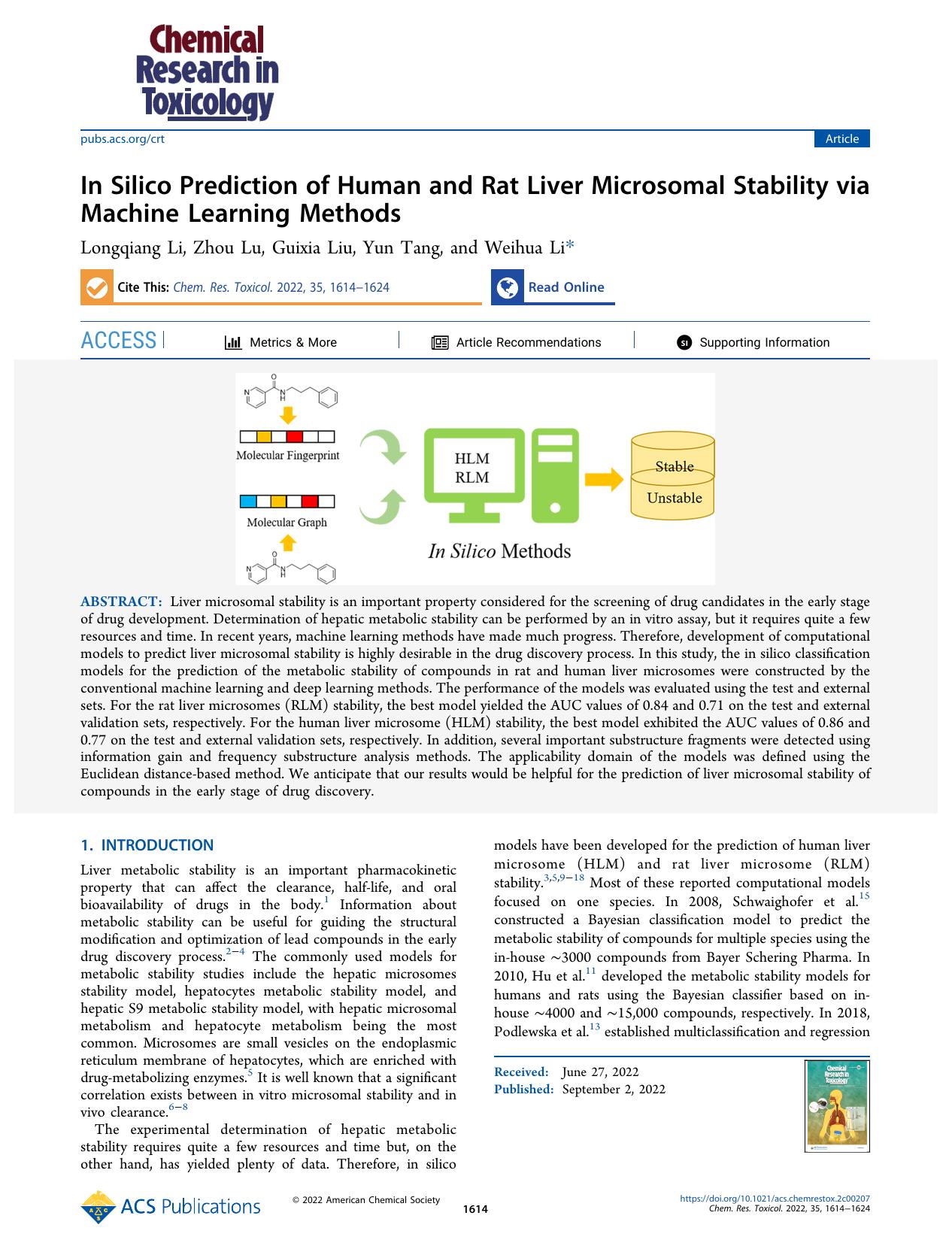 In Silico Prediction of Human and Rat Liver Microsomal Stability via Machine Learning Methods by Longqiang Li Zhou Lu Guixia Liu Yun Tang and Weihua Li