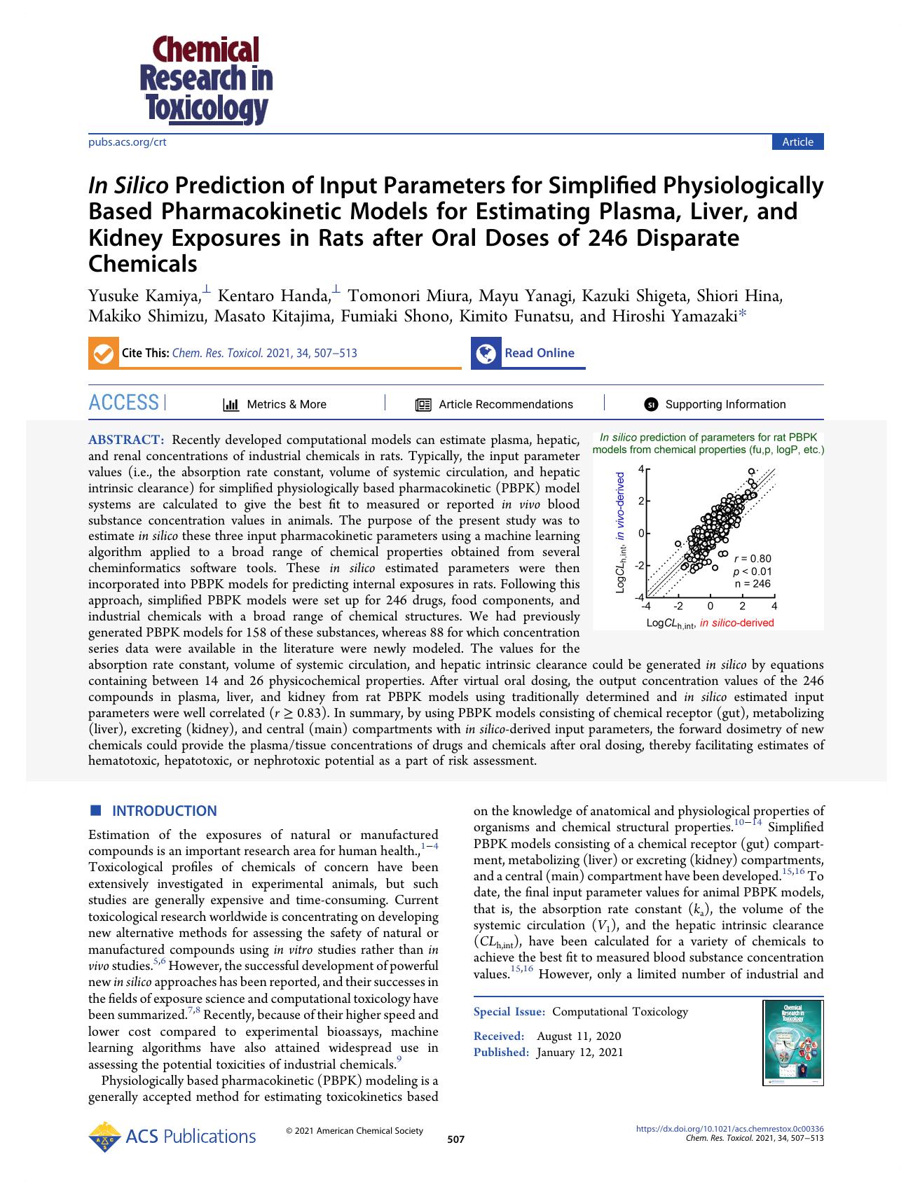 In Silico Prediction of Input Parameters for Simplified Physiologically Based Pharmacokinetic Models for Estimating Plasma, Liver, and Kidney Exposures in Rats after Oral Doses of by unknow
