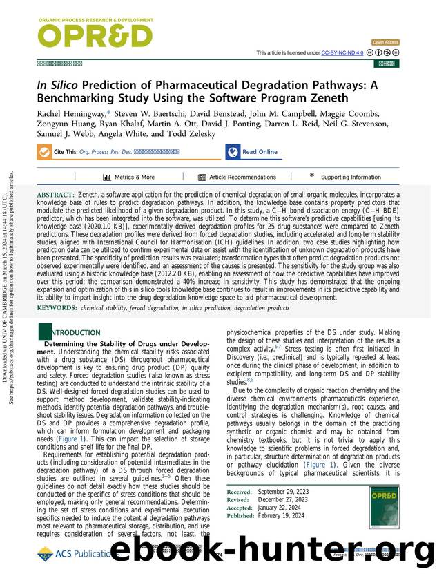 In Silico Prediction of Pharmaceutical Degradation Pathways: A Benchmarking Study Using the Software Program Zeneth by unknow
