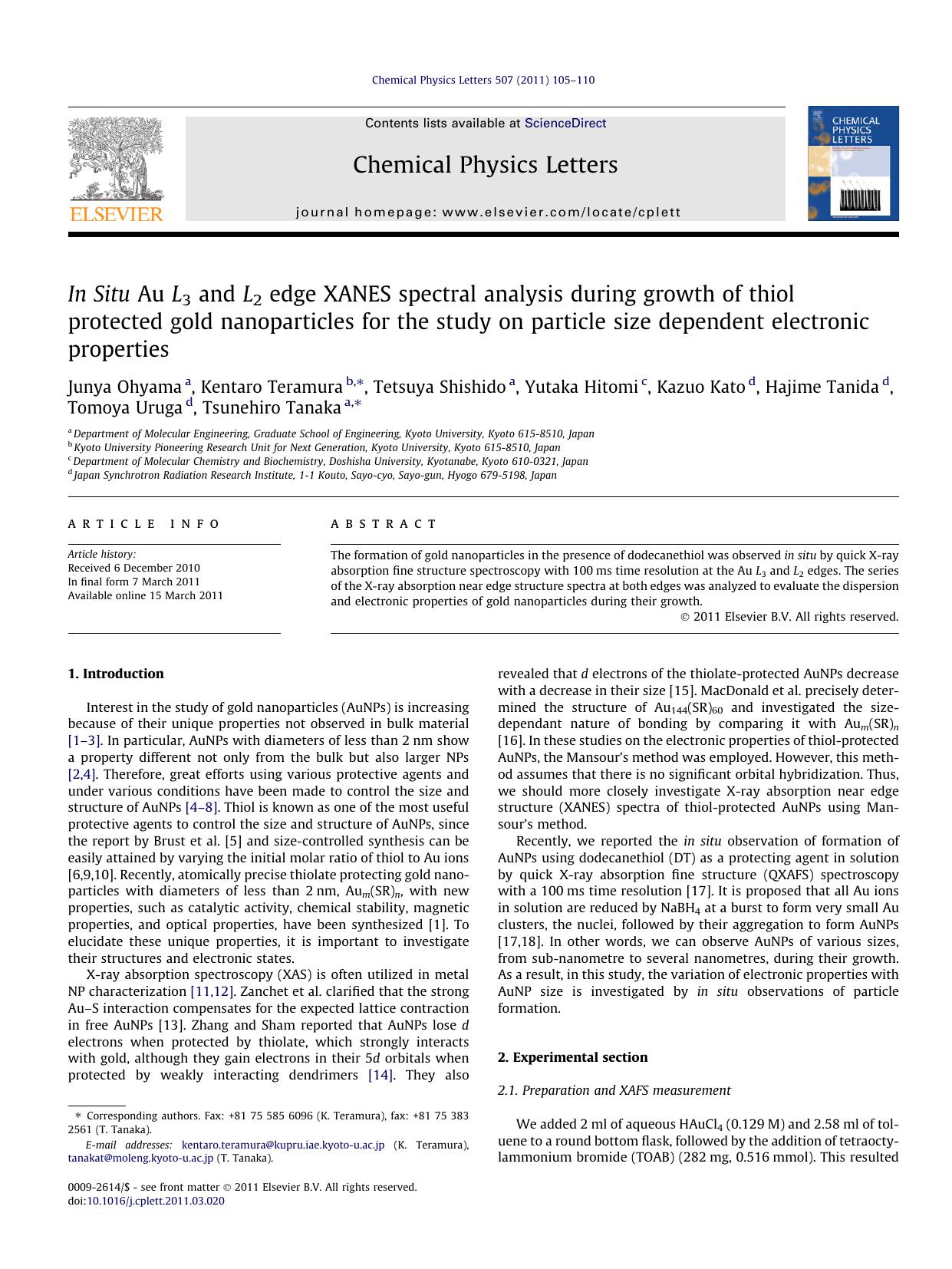 In Situ Au L3 and L2 edge XANES spectral analysis during growth of thiol protected gold nanoparticles for the study on particle size dependent electronic properties by unknow