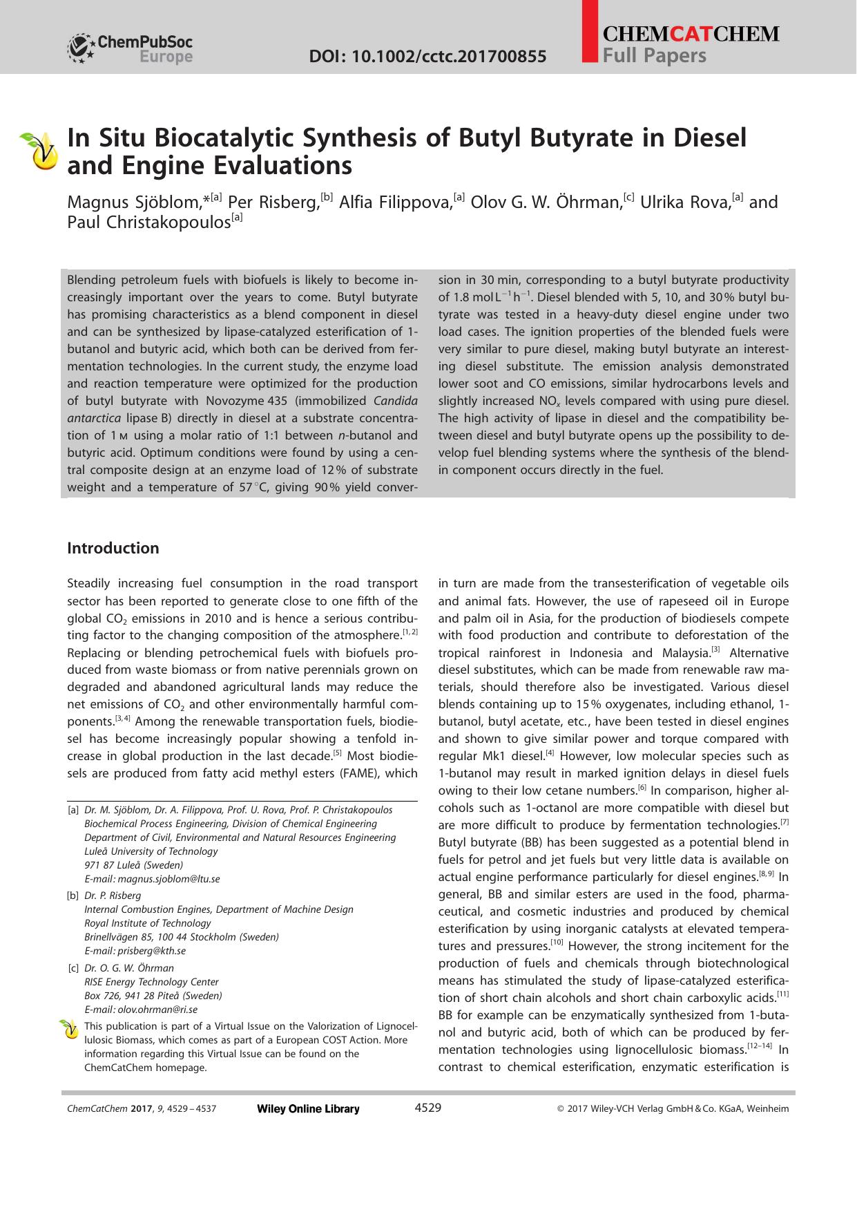 In Situ Biocatalytic Synthesis of Butyl Butyrate in Diesel and Engine Evaluations by Unknown