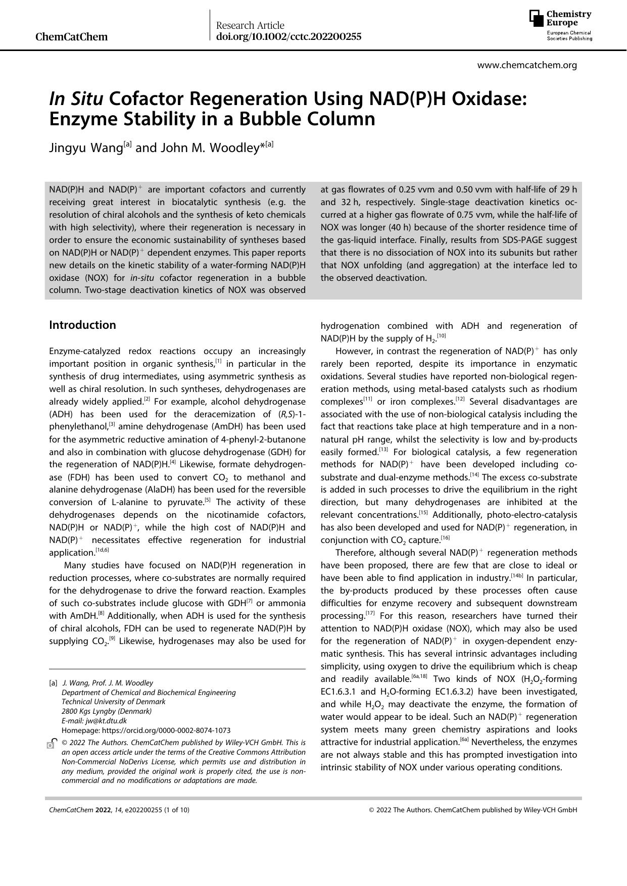 In Situ Cofactor Regeneration Using NAD(P)H Oxidase: Enzyme Stability in a Bubble Column by Unknown