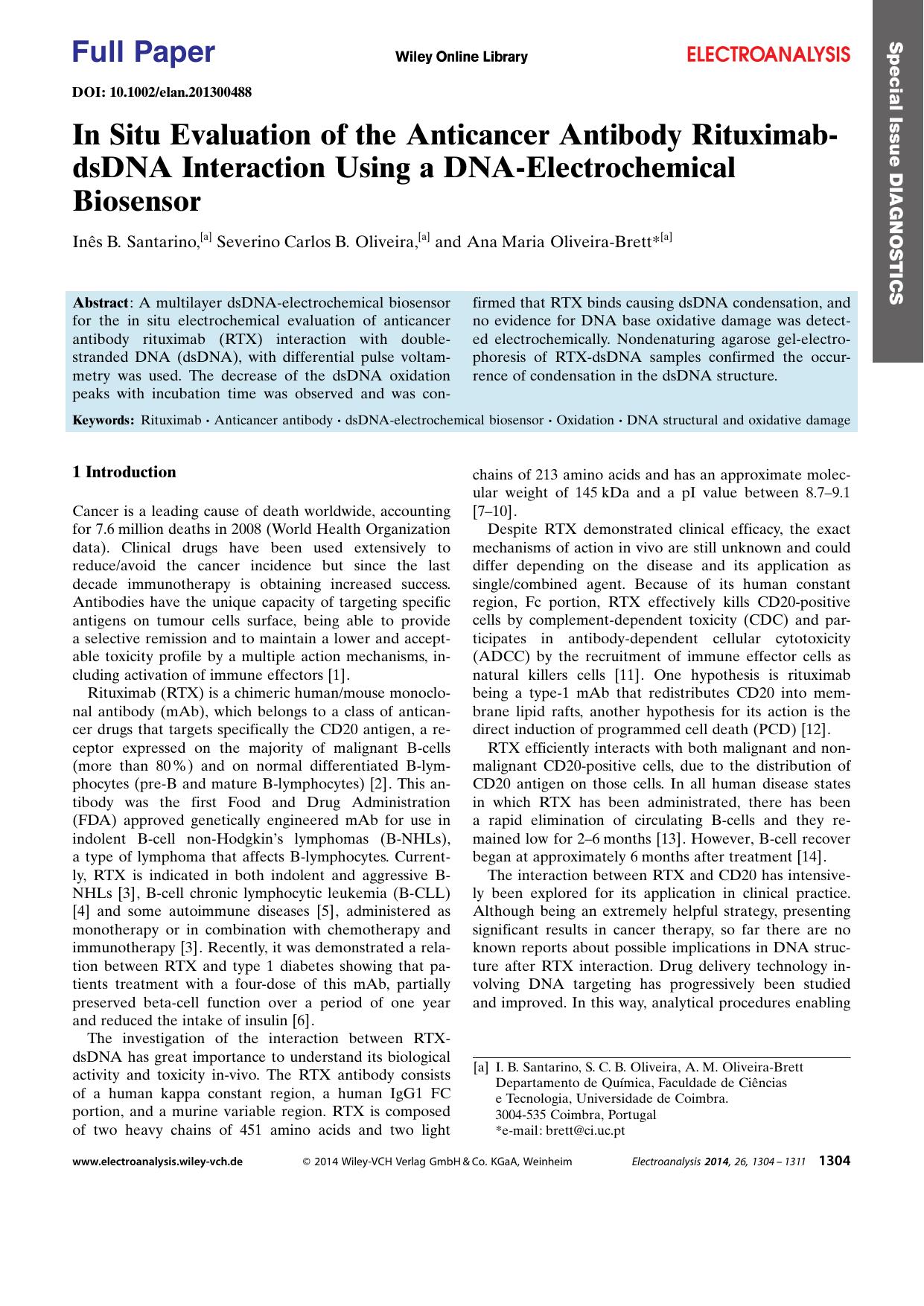 In Situ Evaluation of the Anticancer Antibody RituximabdsDNA Interaction Using a DNAElectrochemical Biosensor by Unknown