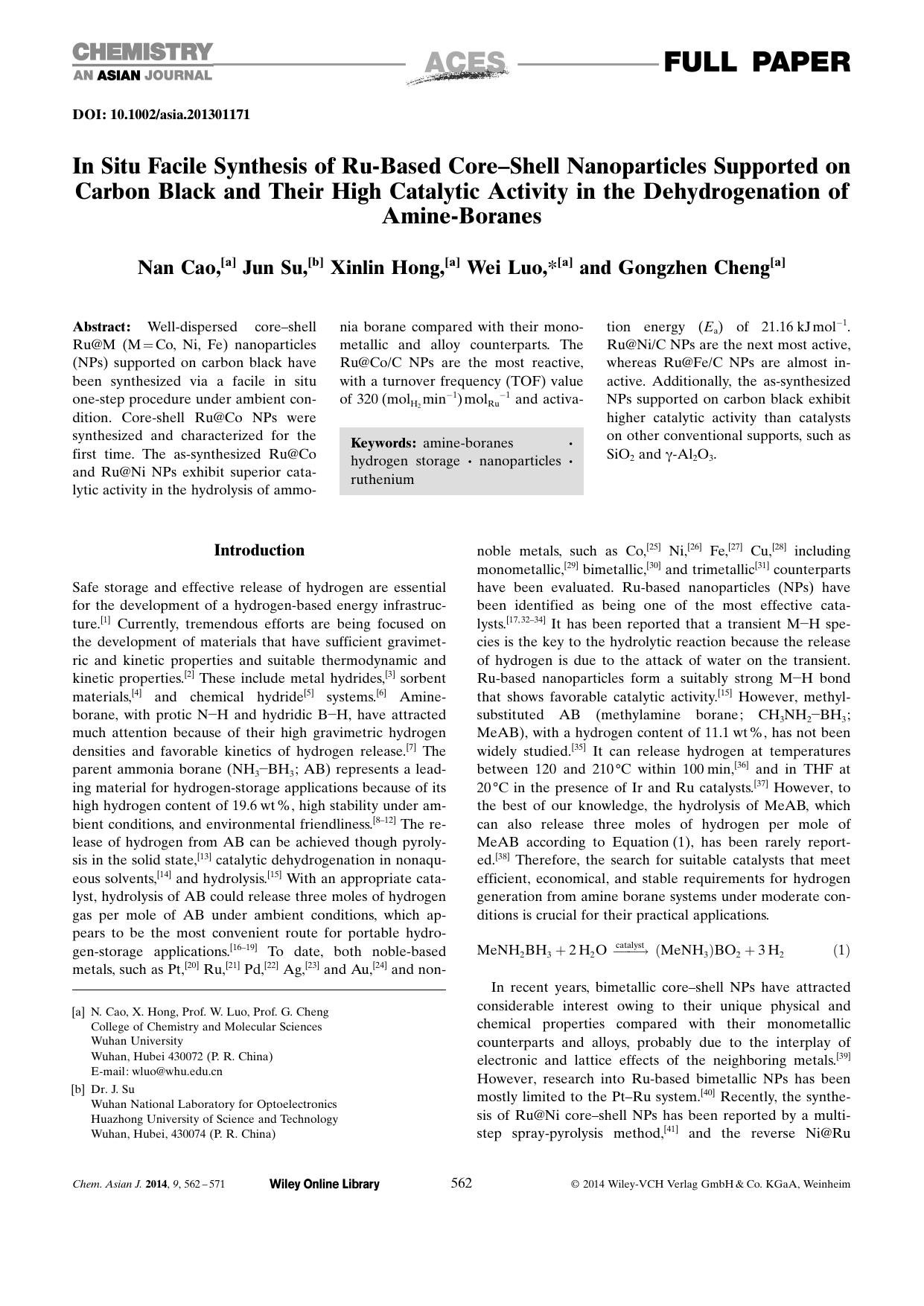 In Situ Facile Synthesis of RuBased CoreShell Nanoparticles Supported on Carbon Black and Their High Catalytic Activity in the Dehydrogenation of AmineBoranes by Unknown