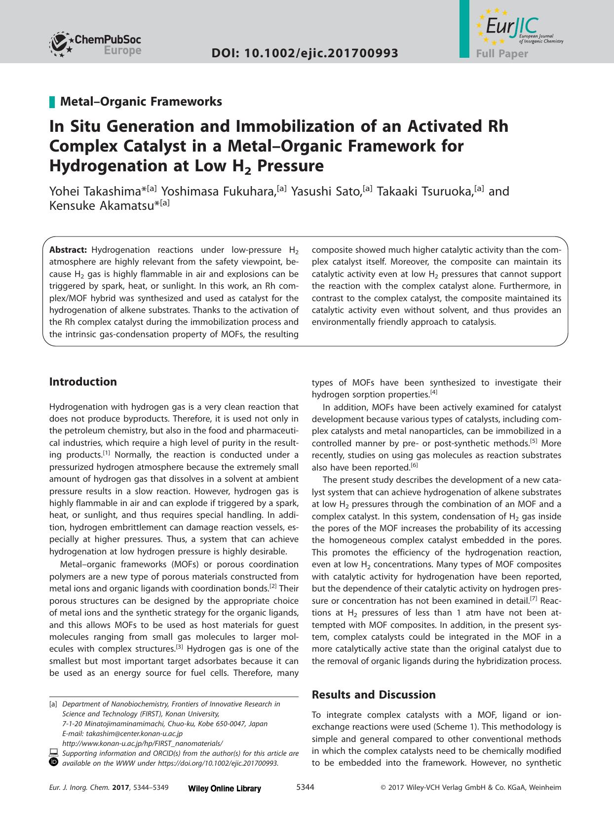 In Situ Generation and Immobilization of an Activated Rh Complex Catalyst in a Metal–Organic Framework for Hydrogenation at Low H<sub>2<sub> Pressure by Unknown