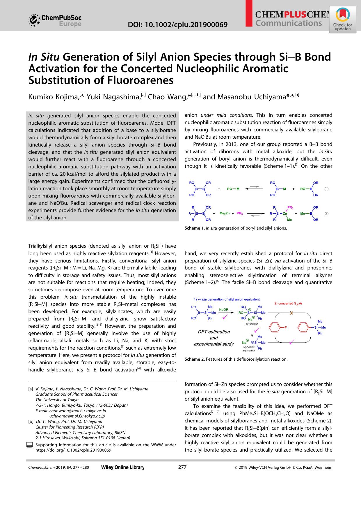In Situ Generation of Silyl Anion Species through SiâB Bond Activation for the Concerted Nucleophilic Aromatic Substitution of Fluoroarenes by Unknown