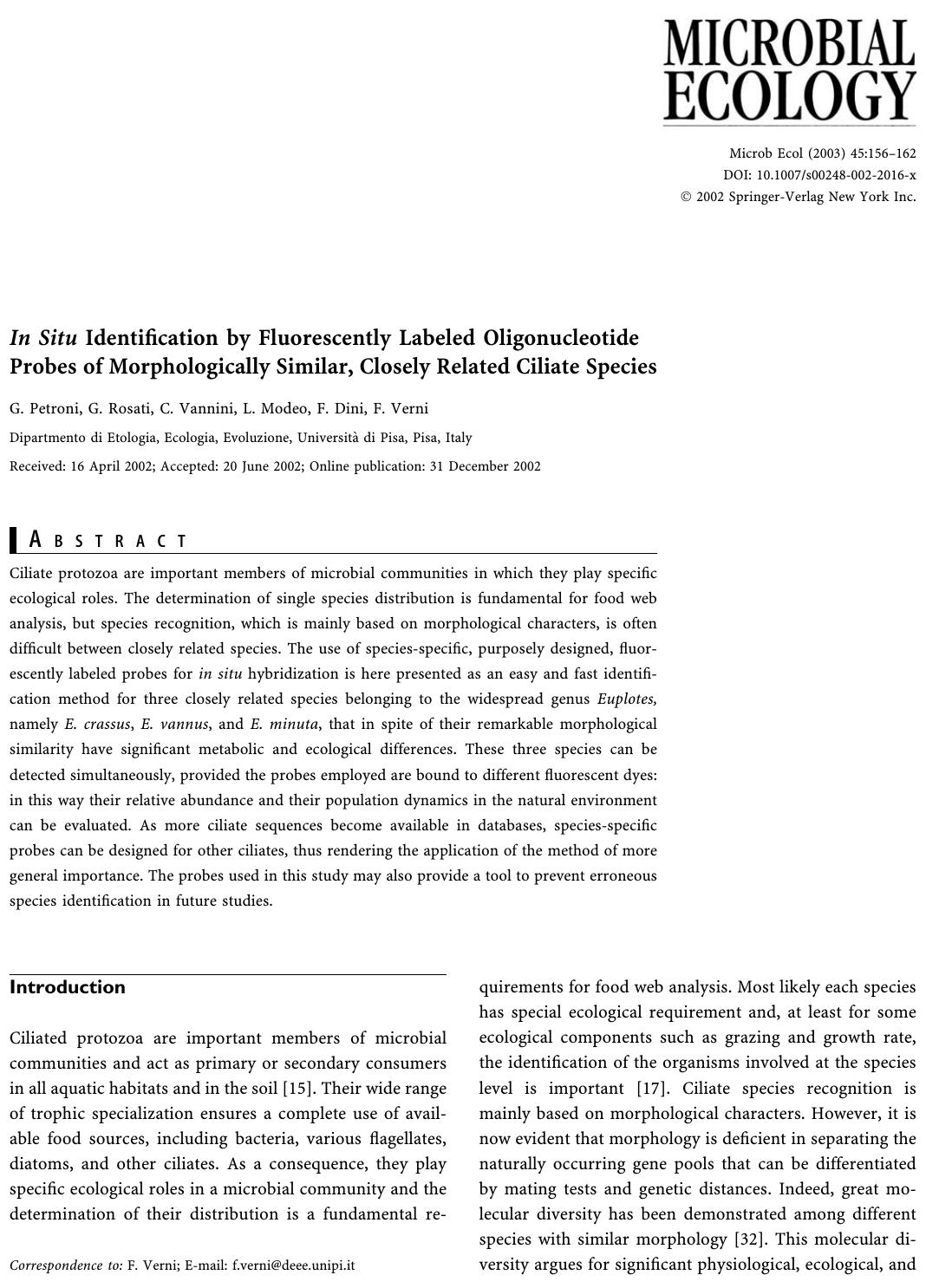In Situ Identification by Fluorescently Labeled Oligonucleotide Probes of Morphologically Similar, Closely Related Ciliate Species by Petroni G. et al