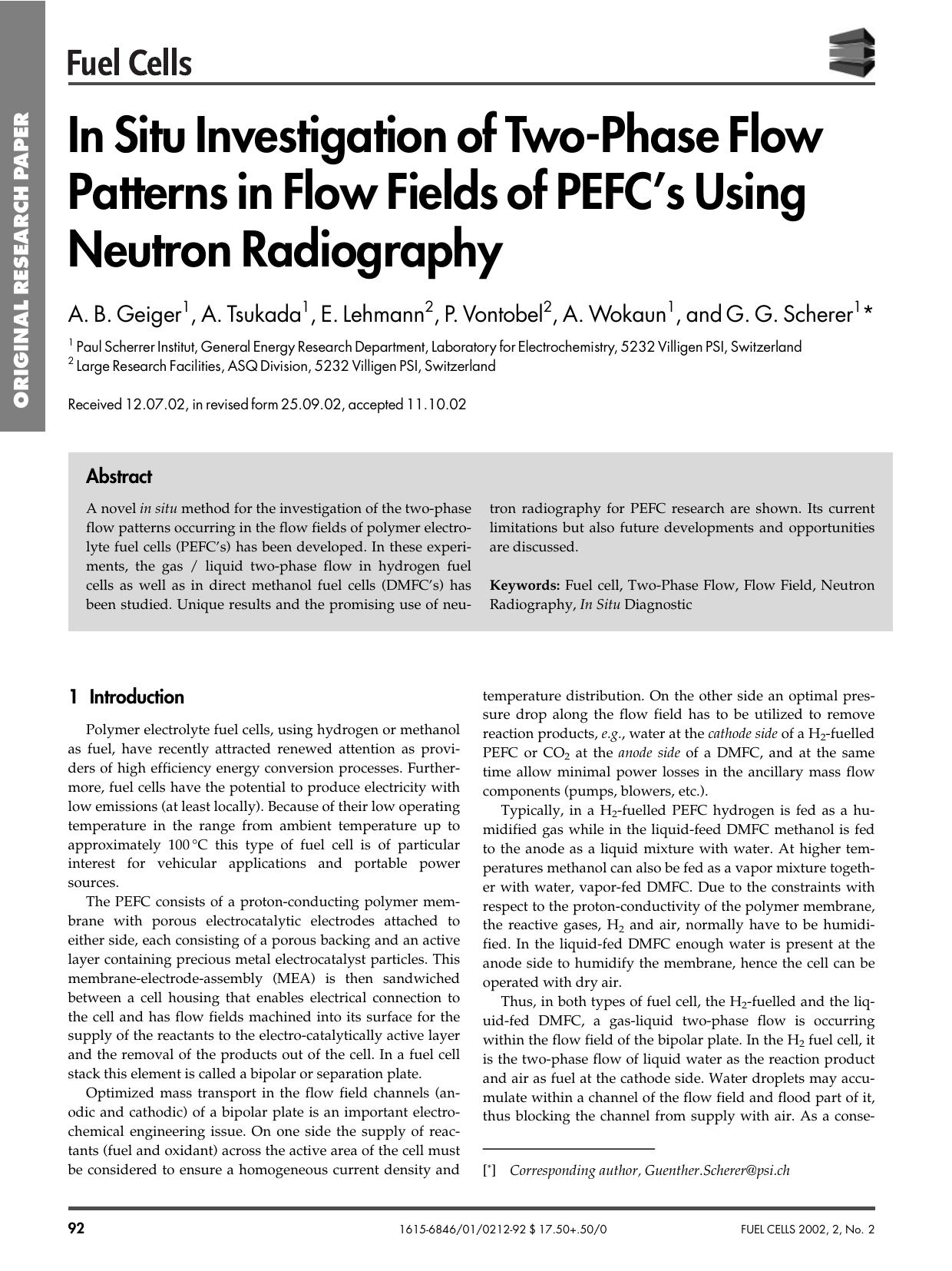 In Situ Investigation of Two-Phase Flow Patterns in Flow Fields of PEFC's Using Neutron Radiography by Unknown