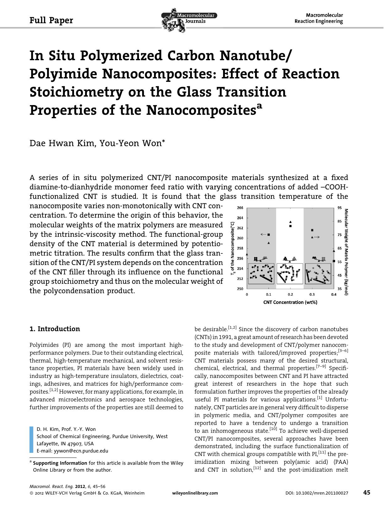 In Situ Polymerized Carbon NanotubePolyimide Nanocomposites: Effect of Reaction Stoichiometry on the Glass Transition Properties of the Nanocomposites by Unknown