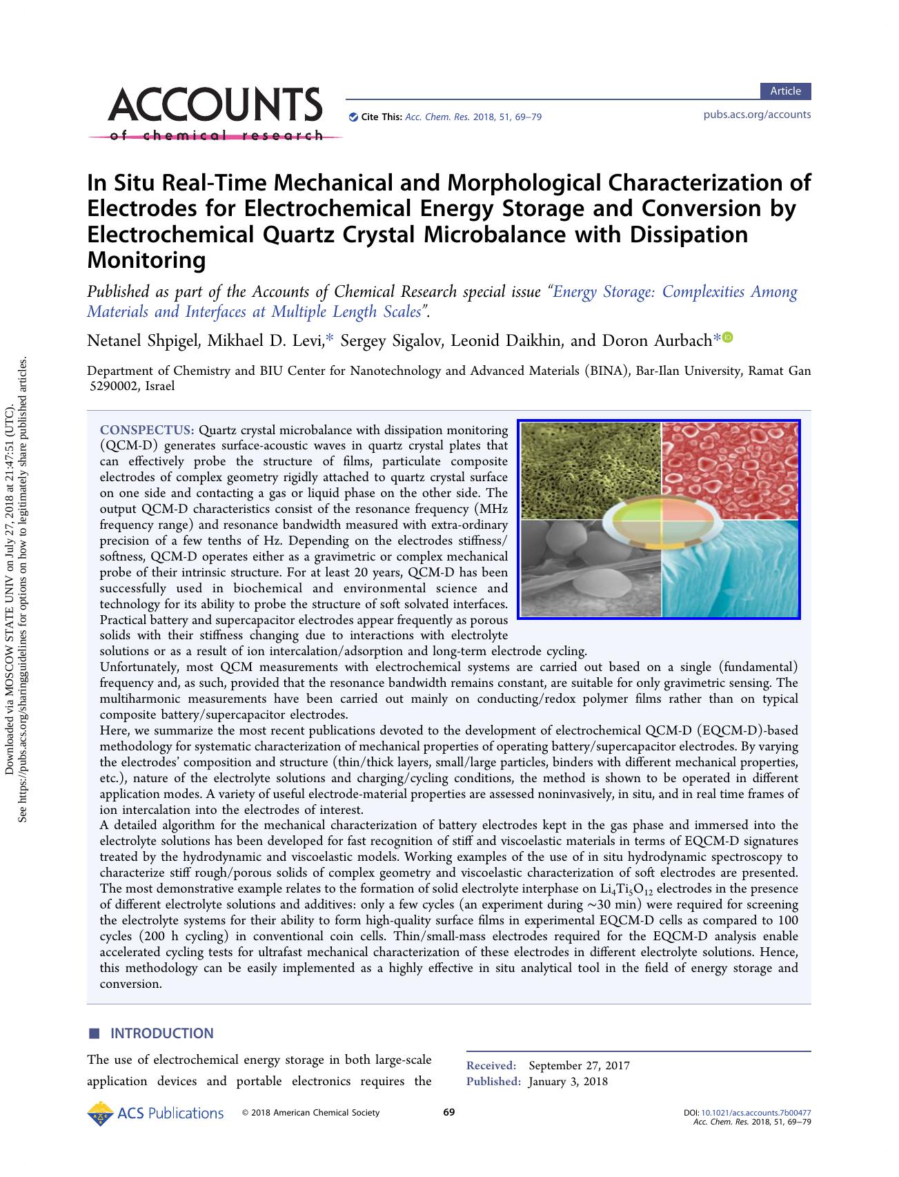 In Situ Real-Time Mechanical and Morphological Characterization of Electrodes for Electrochemical Energy Storage and Conversion by Electrochemical Quartz Crystal Microbalance with by Netanel Shpigel Mikhael D. Levi Sergey Sigalov Leonid Daikhin & Doron Aurbach
