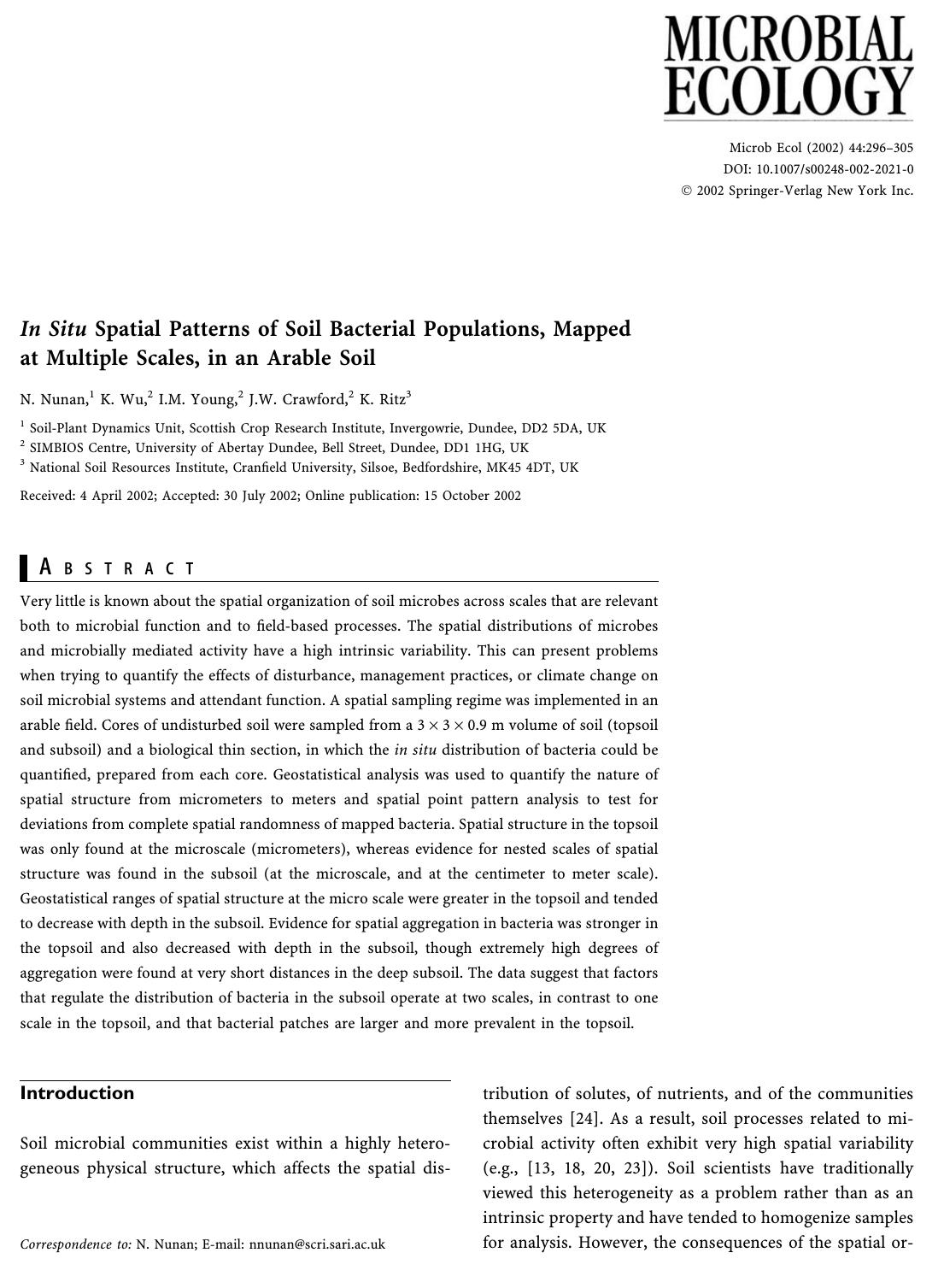 In Situ Spatial Patterns of Soil Bacterial Populations, Mapped at Multiple Scales, in an Arable Soil by Nunan N. et al