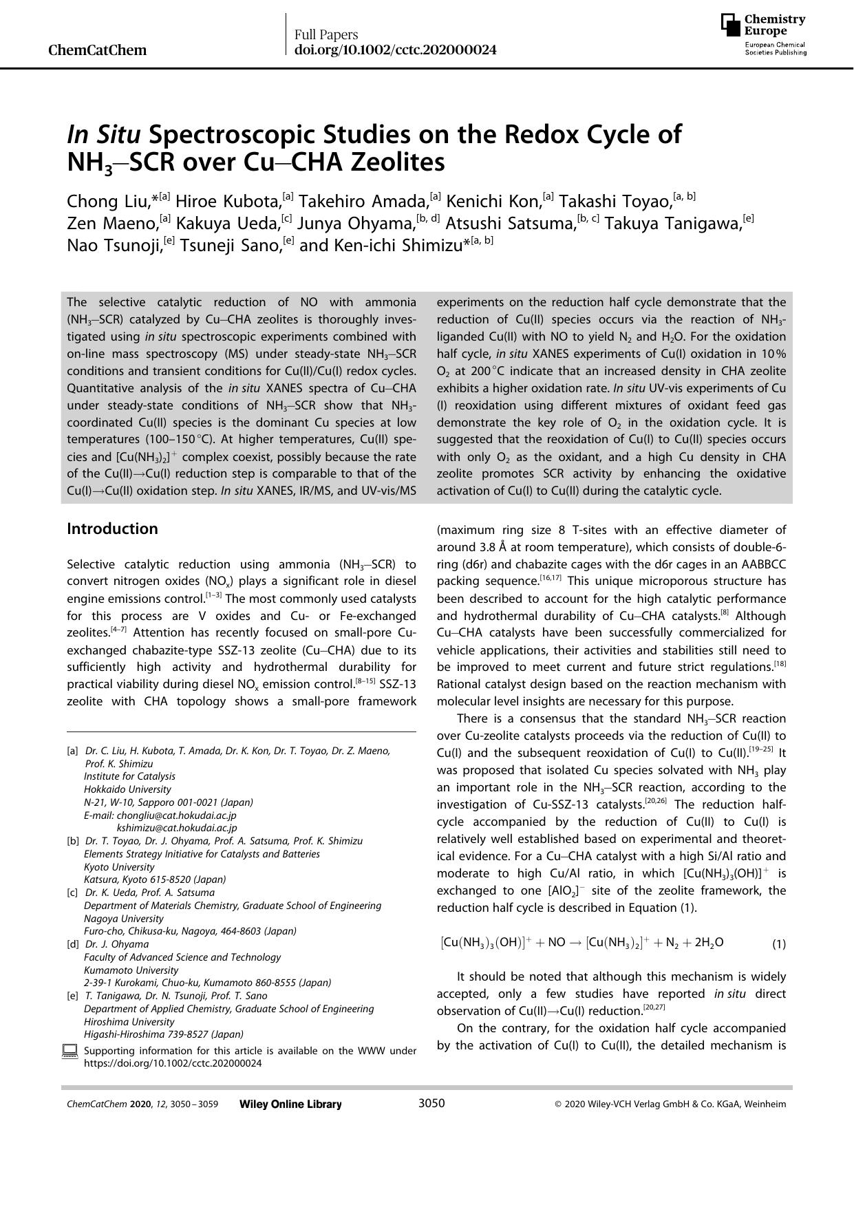In Situ Spectroscopic Studies on the Redox Cycle of NH3âSCR over CuâCHA Zeolites by Unknown