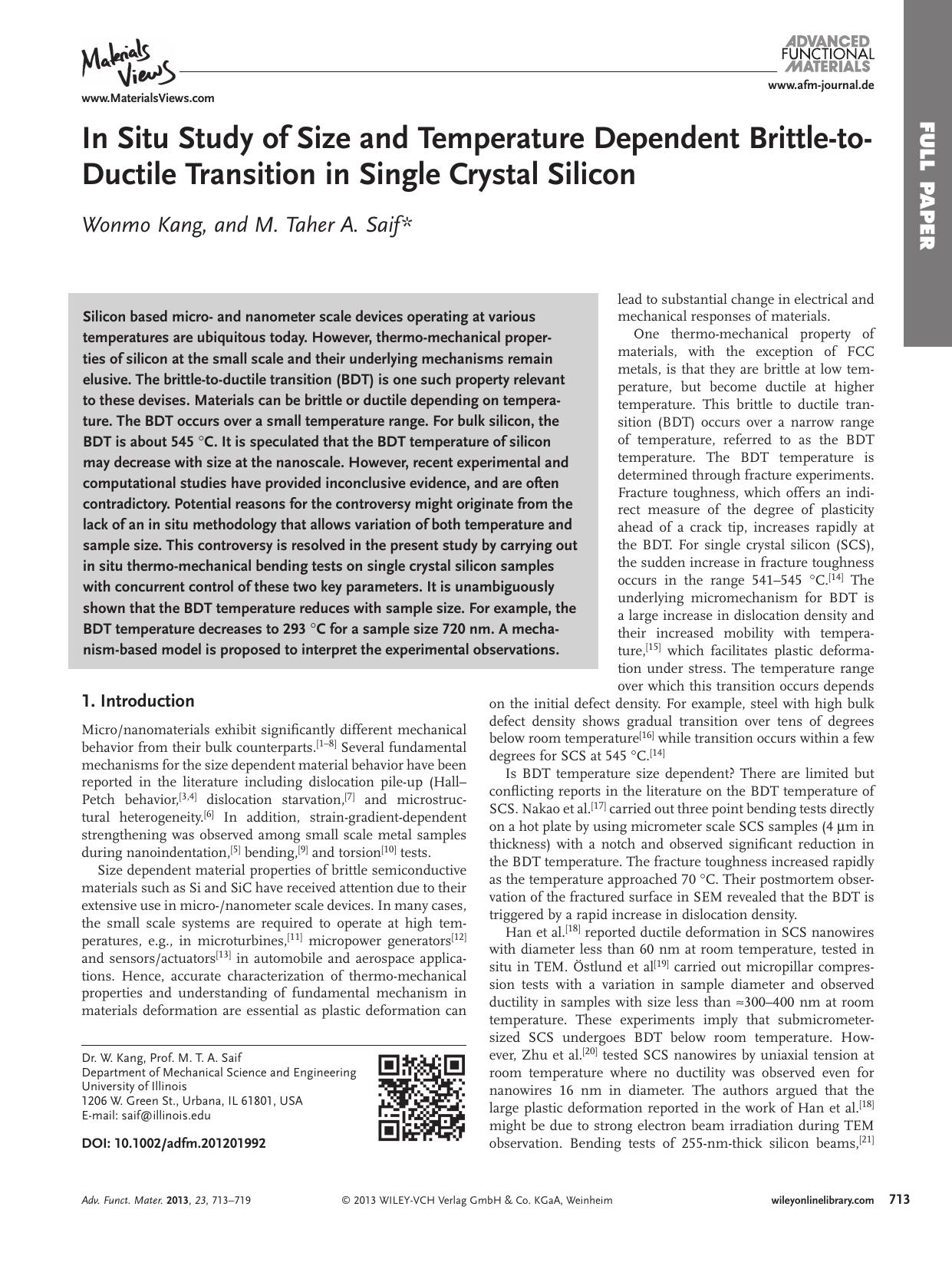 In Situ Study of Size and Temperature Dependent BrittletoDuctile Transition in Single Crystal Silicon by vng