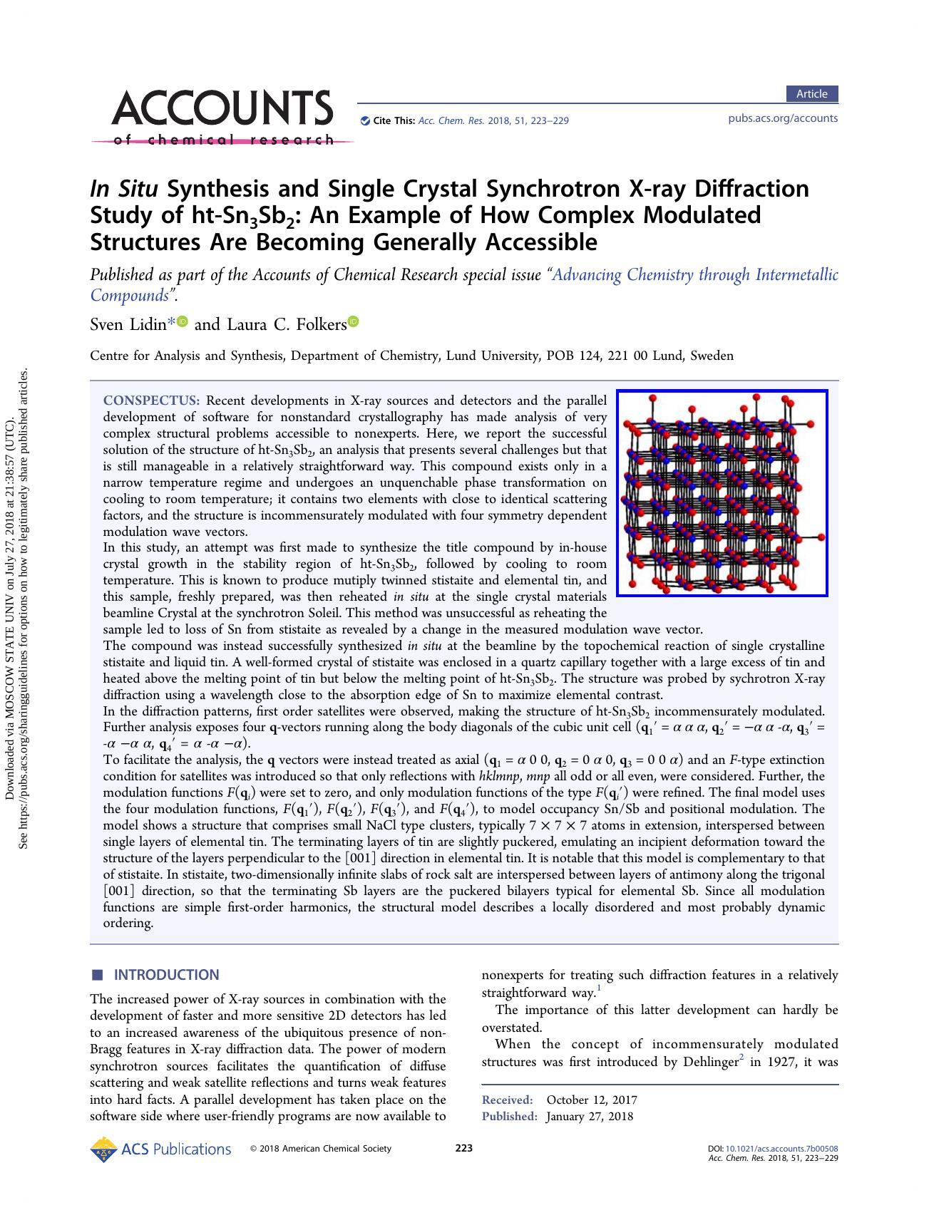 In Situ Synthesis and Single Crystal Synchrotron X-ray Diffraction Study of ht-Sn3Sb2: An Example of How Complex Modulated Structures Are Becoming Generally Accessible by Sven Lidin & Laura C. Folkers