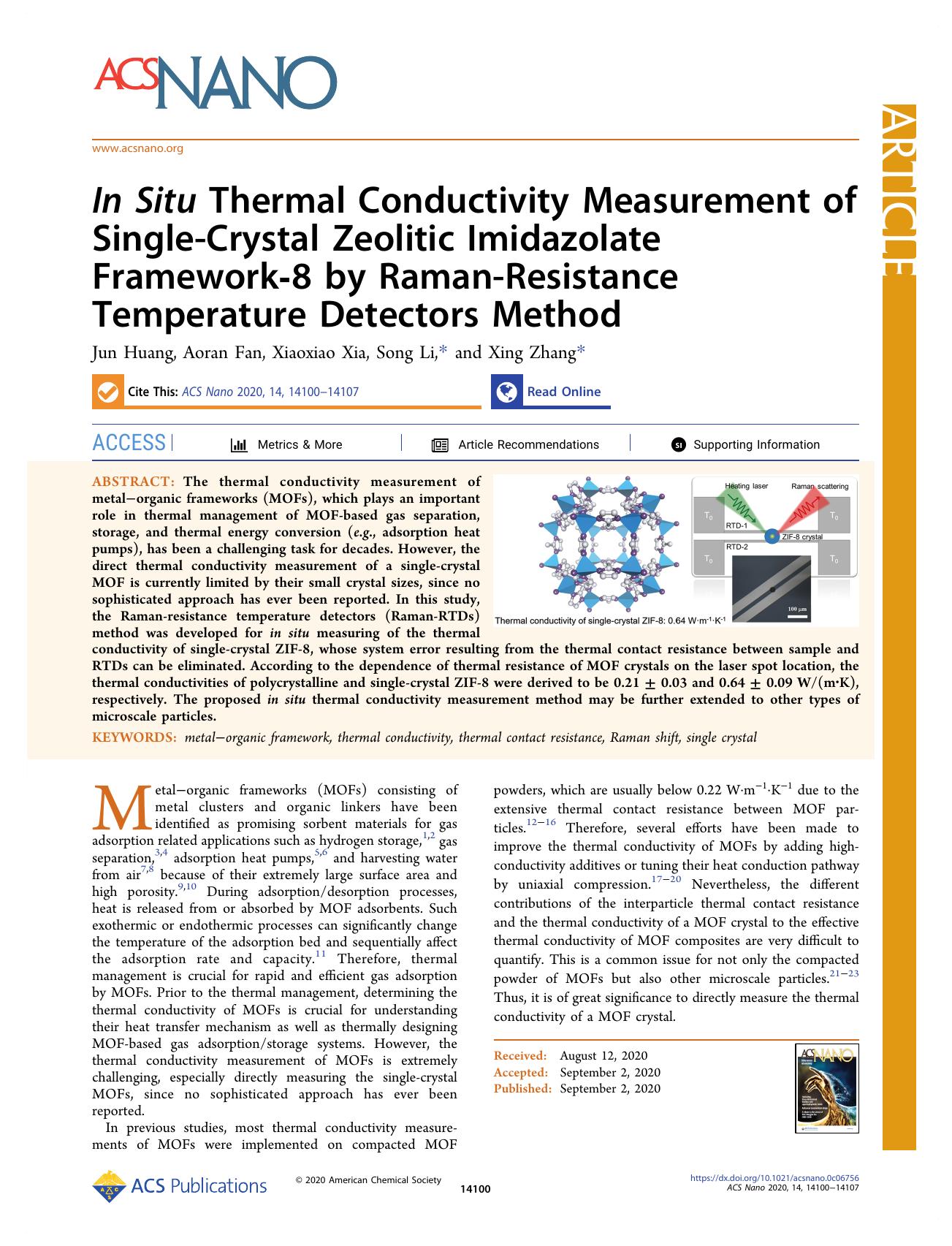 In Situ Thermal Conductivity Measurement of Single-Crystal Zeolitic Imidazolate Framework-8 by Raman-Resistance Temperature Detectors Method by Jun Huang Aoran Fan Xiaoxiao Xia Song Li and Xing Zhang
