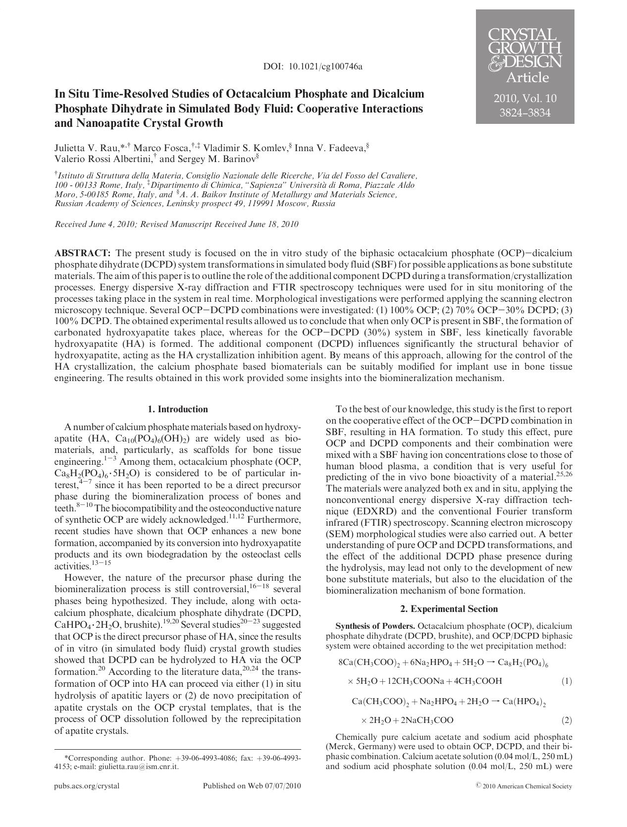 In Situ Time-Resolved Studies of Octacalcium Phosphate and Dicalcium Phosphate Dihydrate in Simulated Body Fluid: Cooperative Interactions and Nanoapatite Crystal Growth by Unknown