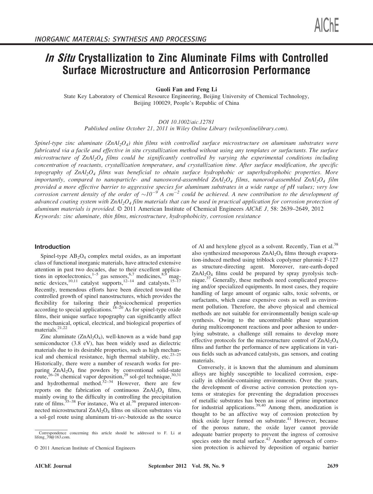 In Situ crystallization to zinc aluminate films with controlled surface microstructure and anticorrosion performance by Unknown