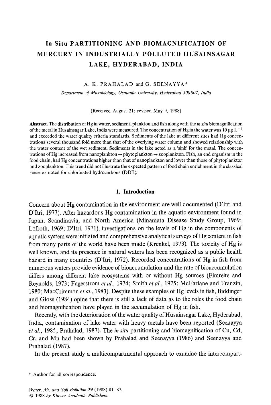 In Situ partitioning and biomagnification of mercury in industrially polluted Husainsagar Lake, Hyderabad, India by Unknown