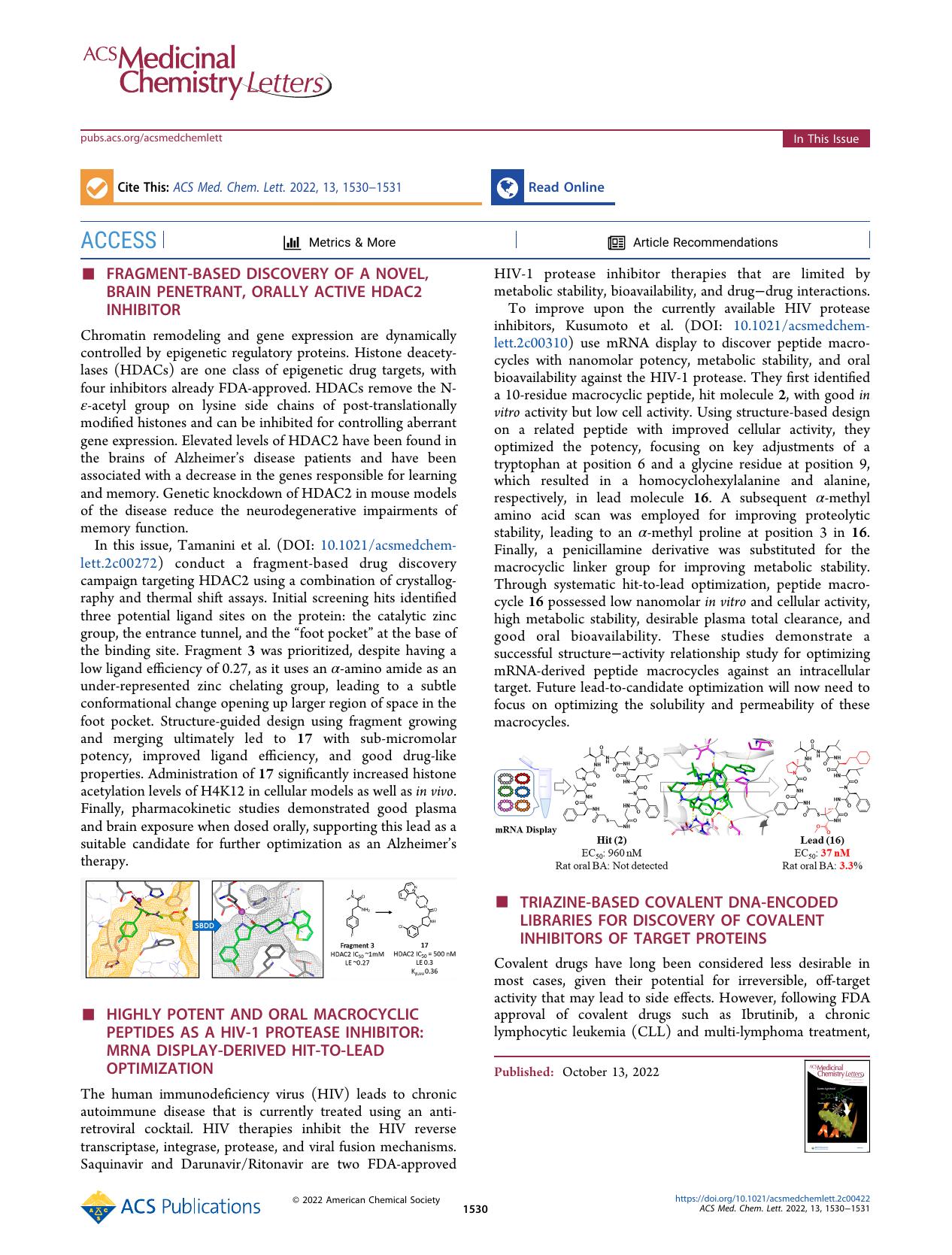 In This Issue, Volume 13, Issue 10 by William C. K. Pomerantz and Giuseppe La Regina