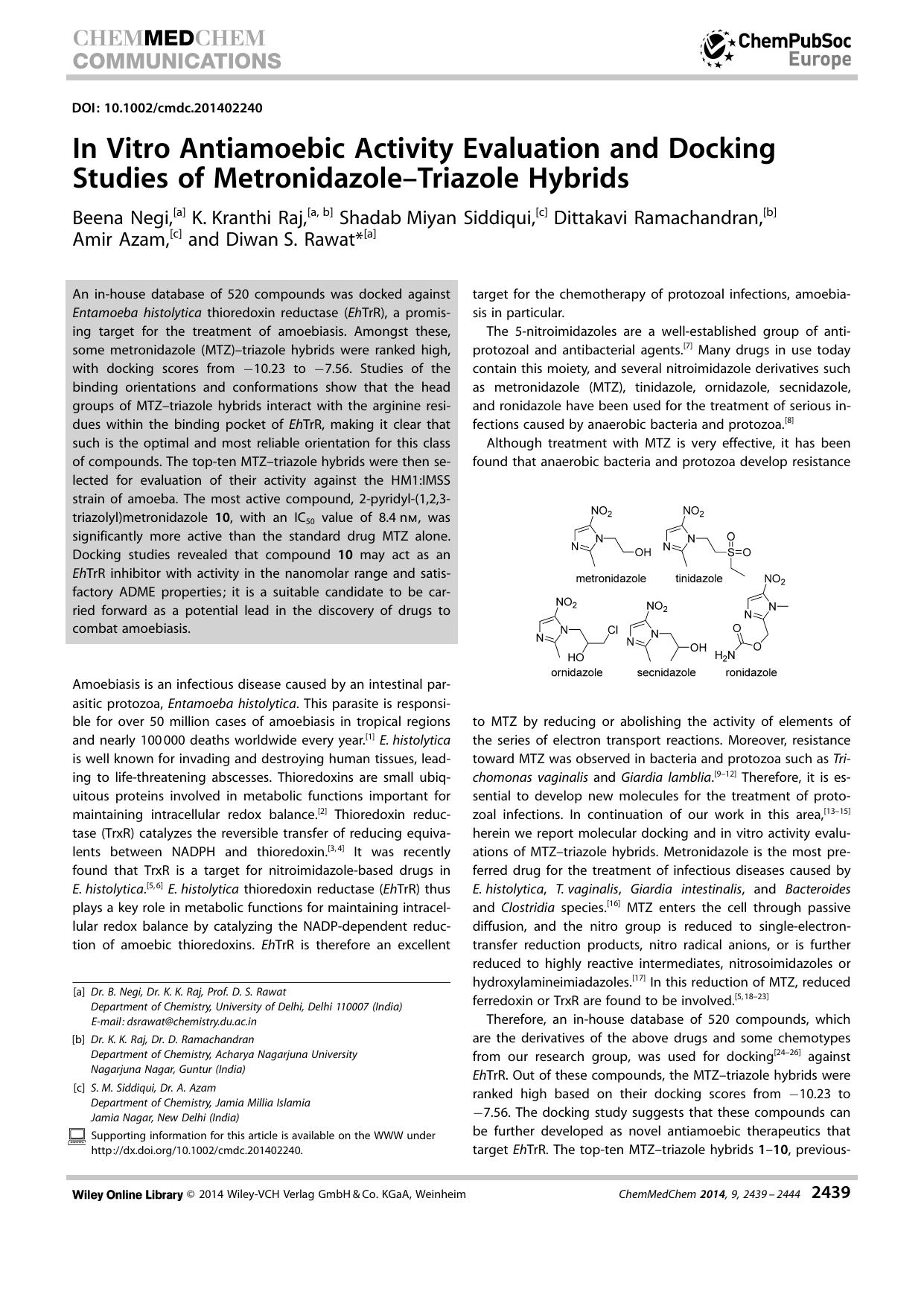 In Vitro Antiamoebic Activity Evaluation and Docking Studies of MetronidazoleTriazole Hybrids by Unknown