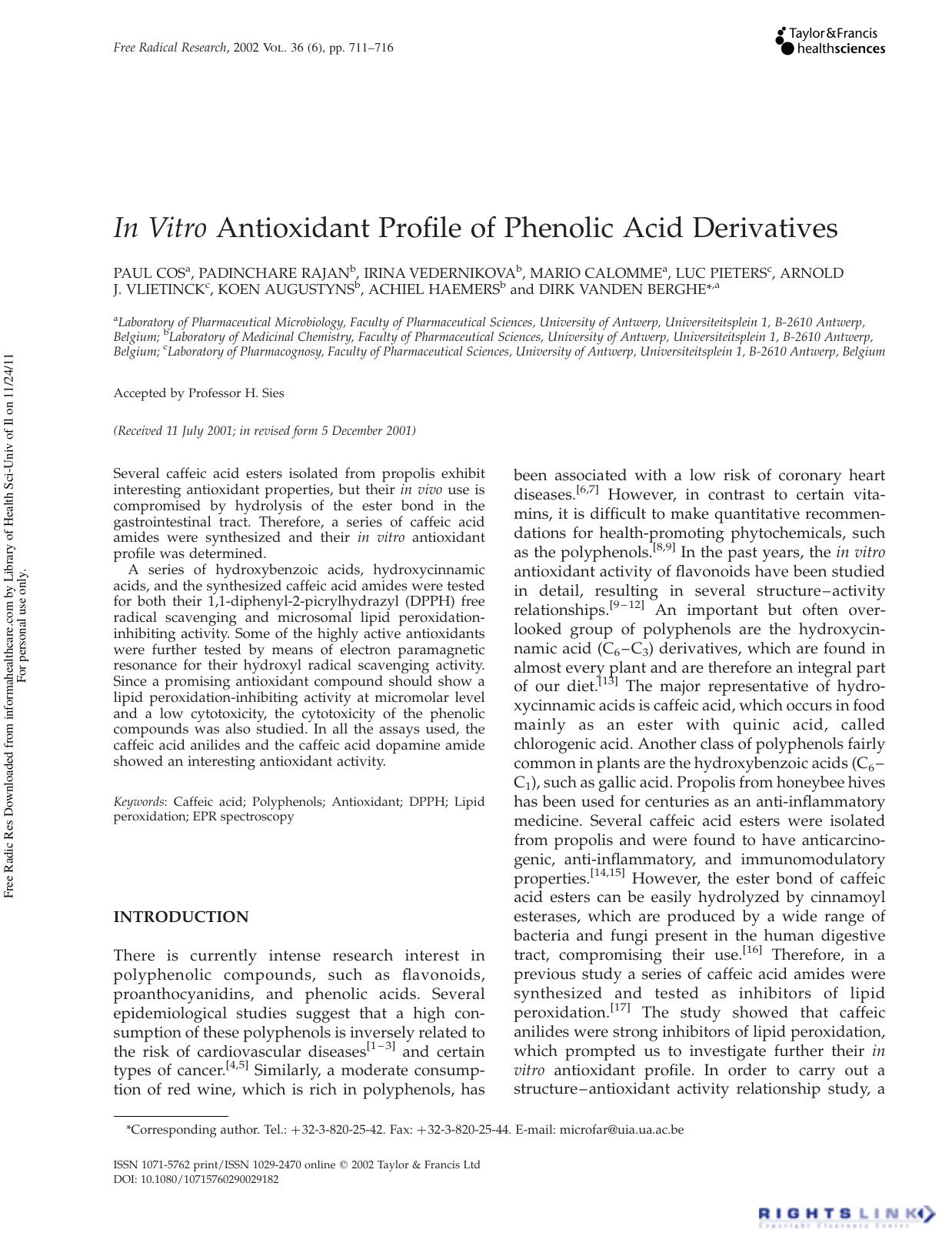 In Vitro Antioxidant Profile of Phenolic Acid Derivatives by unknow