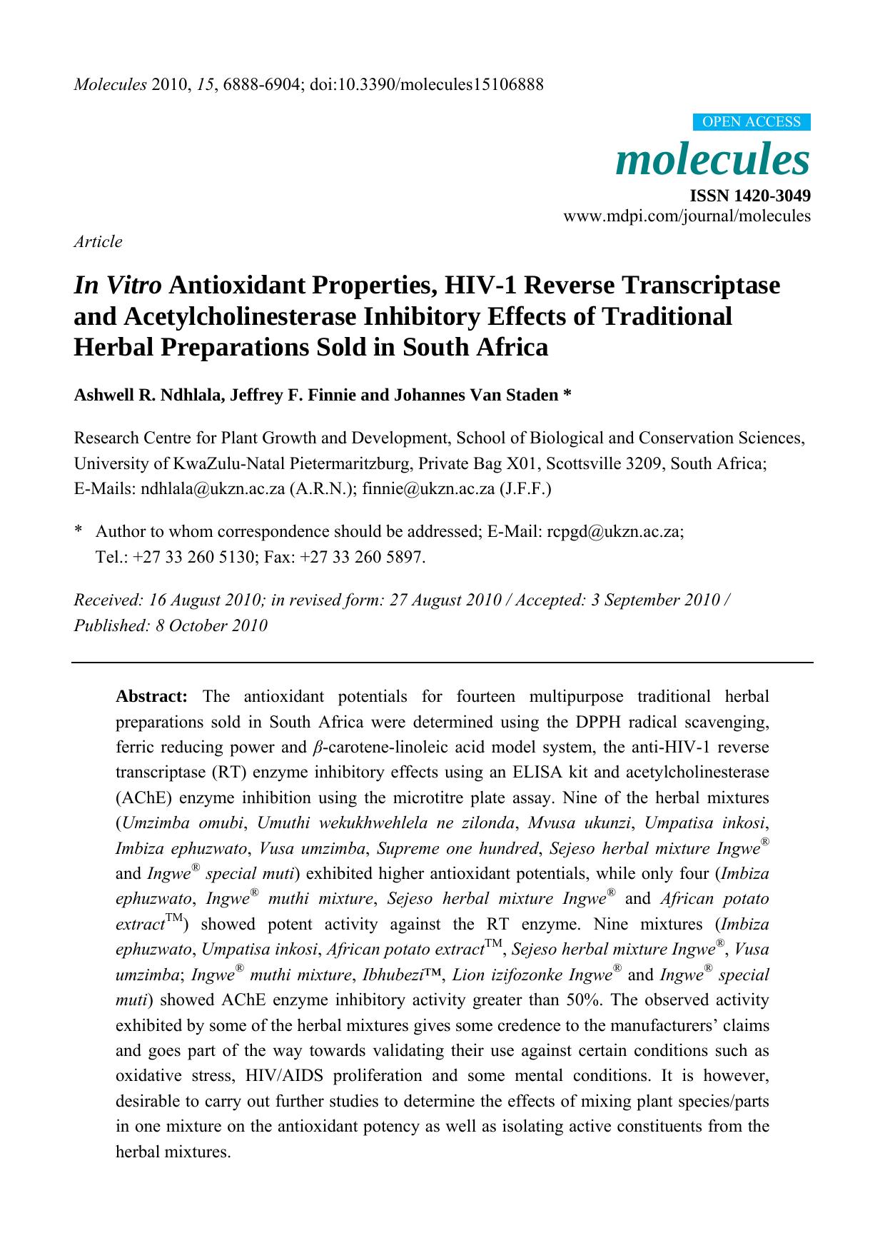 In Vitro Antioxidant Properties, HIV-1 Reverse Transcriptase and Acetylcholinesterase Inhibitory Effects of Traditional Herbal Preparations Sold in South Africa by Ashwell R. Ndhlala & Jeffrey F. Finnie & Johannes Van Staden
