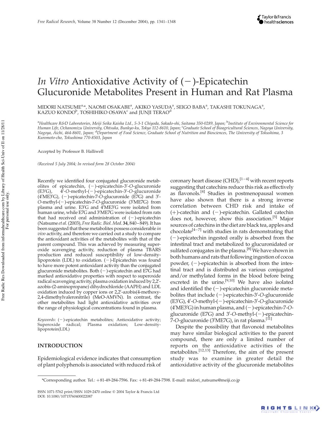 In Vitro Antioxidative Activity of (â)-Epicatechin Glucuronide Metabolites Present in Human and Rat Plasma by unknow