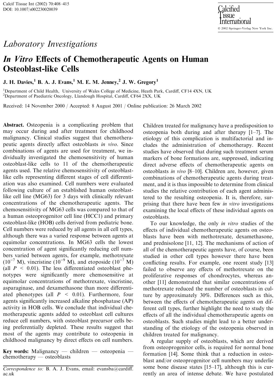 In Vitro Effects of Chemotherapeutic Agents on Human Osteoblast-like Cells by Davies J.H. et al