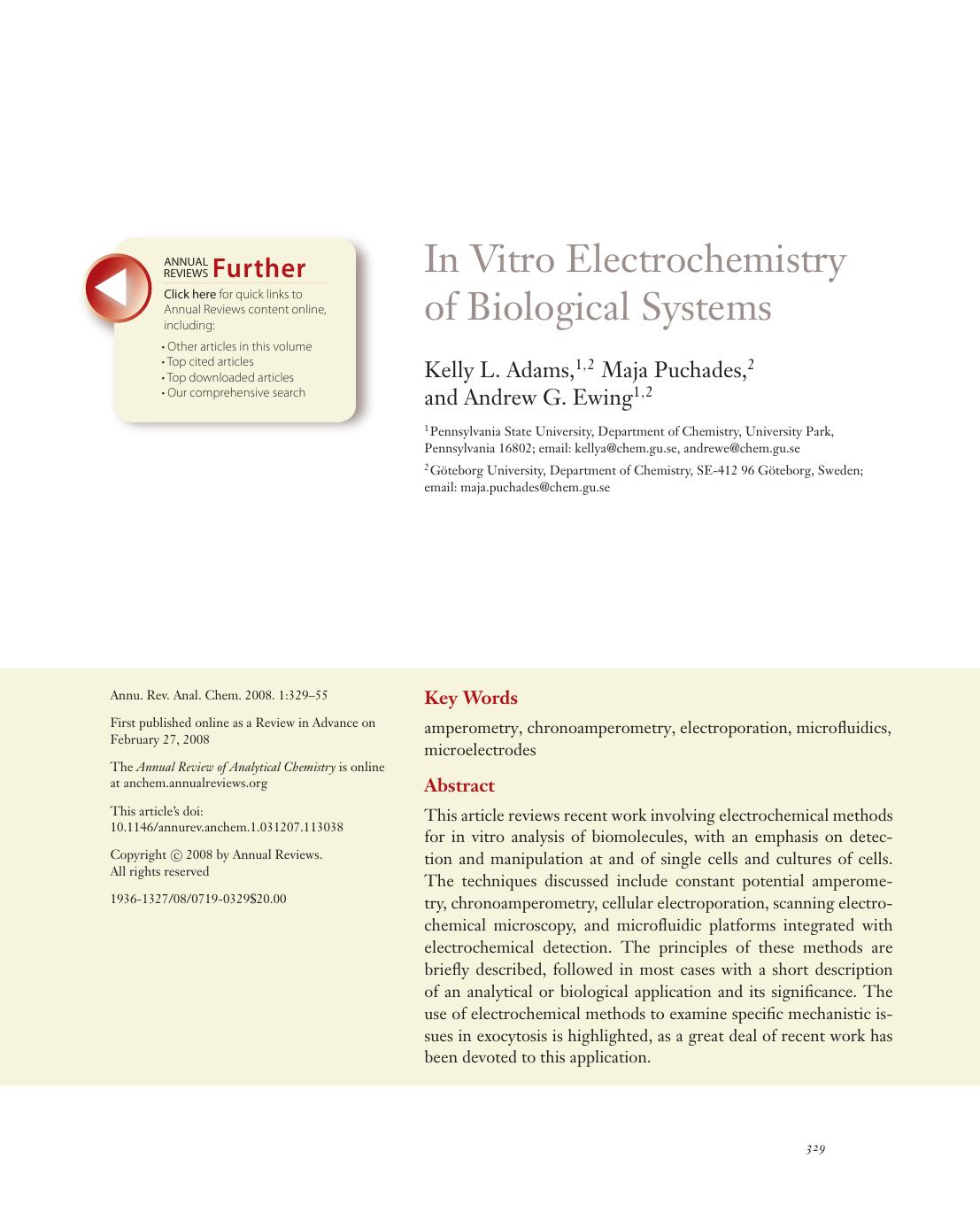 In Vitro Electrochemistry of Biological Systems by Kelly L. Adams 1 2 Maja Puchades 2 and Andrew G. Ewing1 2