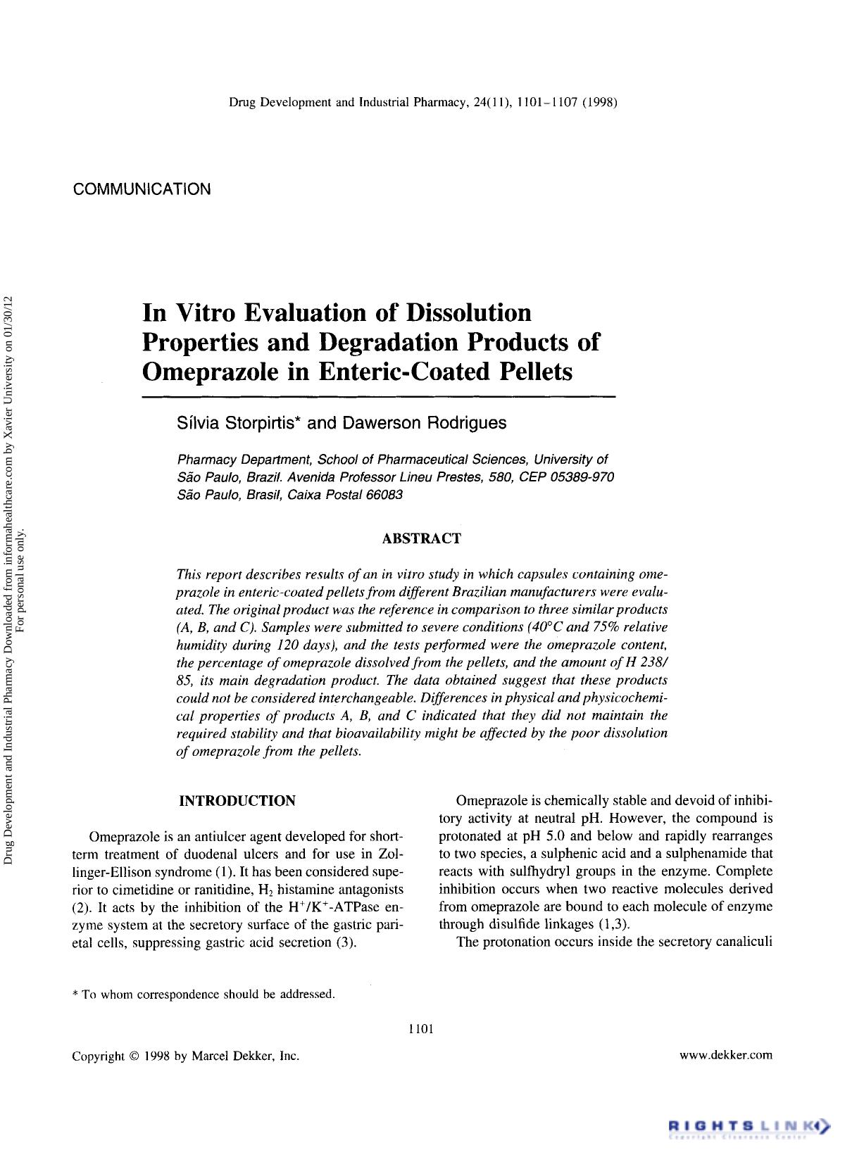 In Vitro Evaluation of Dissolution Properties and Degradation Products of Omeprazole in Enteric-Coated Pellets by Silvia Storpirtis & Dawerson Rodrigues