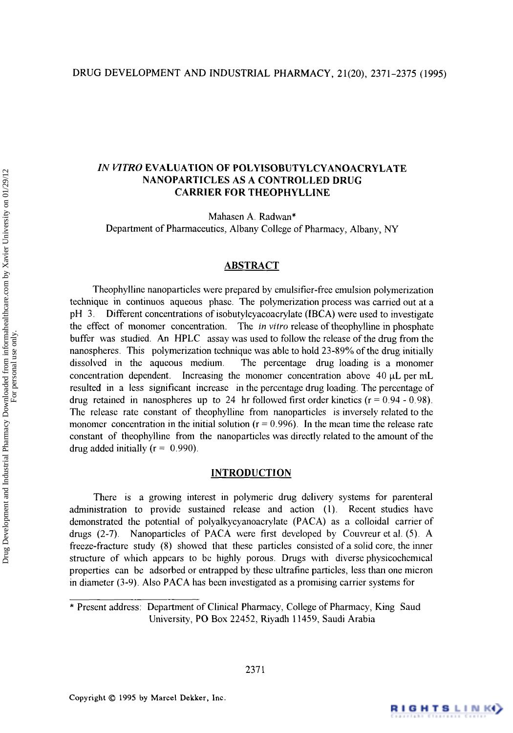 In Vitro Evaluation of Polyisobutylcyanoacrylate Nanoparticles as a Controlled Drug Carrier for Theophylline by Mahasen A. Radwan