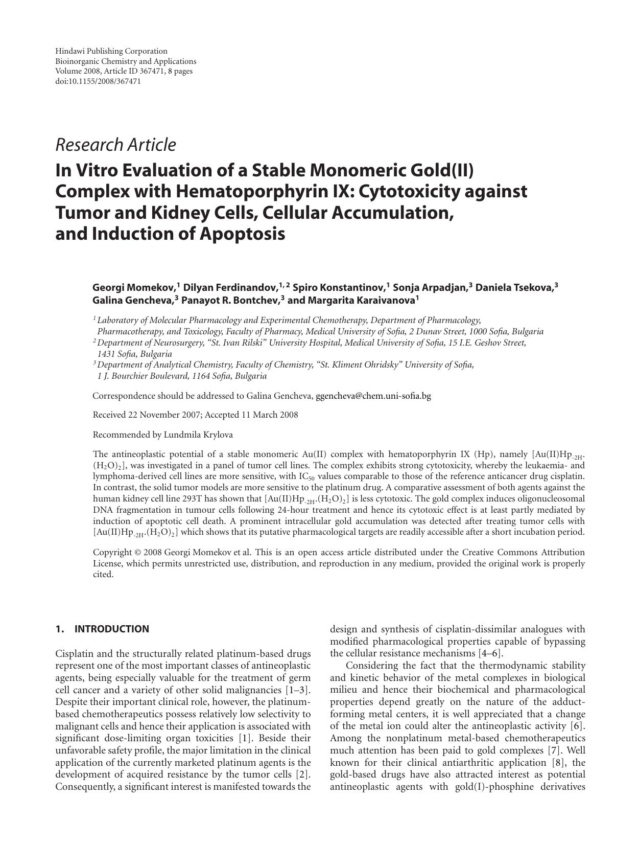 In Vitro Evaluation of a Stable Monomeric Gold(II) Complex with Hematoporphyrin IX: Cytotoxicity against Tumor and Kidney Cells, Cellular Accumulation, and Induction of Apoptosis by Georgi Momekov et al