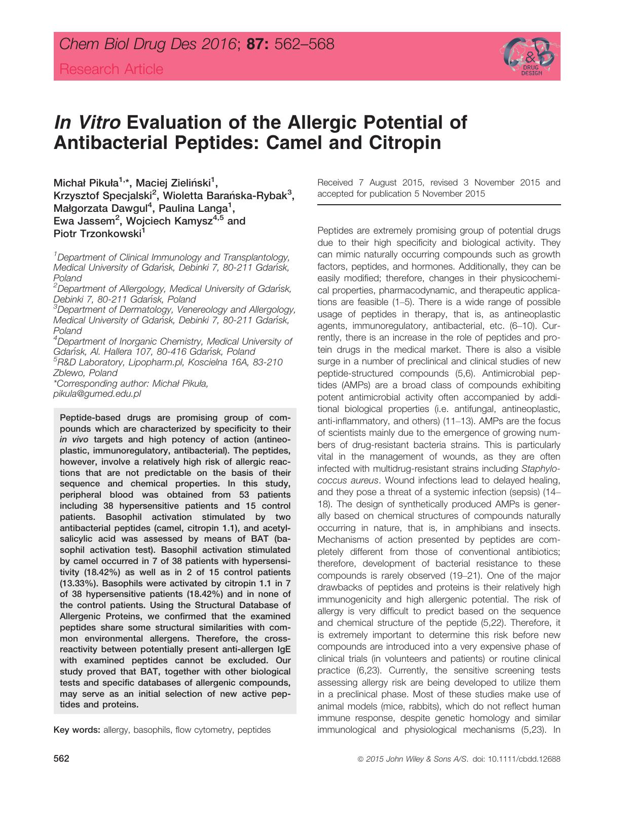 In Vitro Evaluation of the Allergic Potential of Antibacterial Peptides: Camel and Citropin by unknow