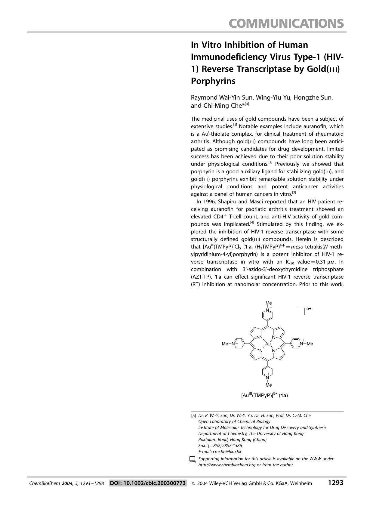 In Vitro Inhibition of Human Immunodeficiency Virus Type-1 (HIV-1) Reverse Transcriptase by Gold(III) Porphyrins by Unknown