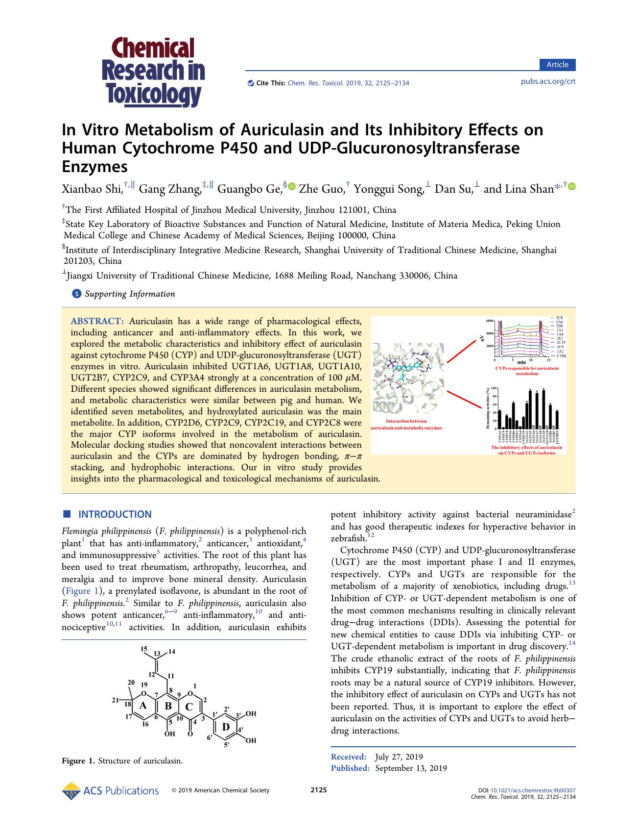 In Vitro Metabolism of Auriculasin and Its Inhibitory Effects on Human Cytochrome P450 and UDP-Glucuronosyltransferase Enzymes by Xianbao Shi Gang Zhang Guangbo Ge Zhe Guo Yonggui Song Dan Su and Lina Shan