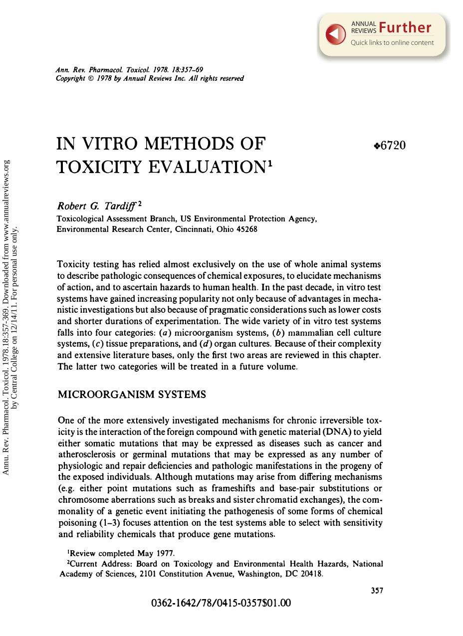 In Vitro Methods of Toxicity Evaluation by R G Tardiff