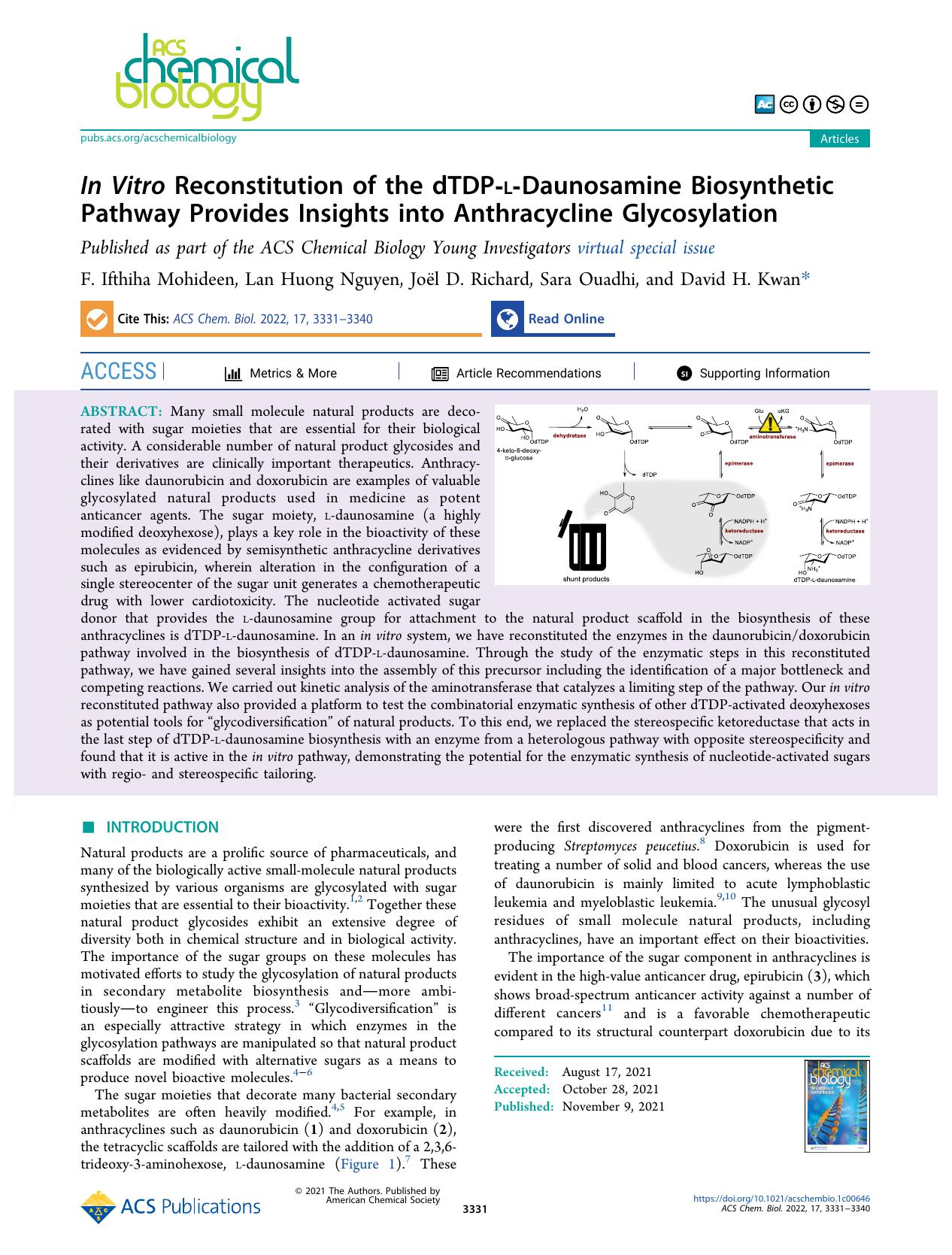 In Vitro Reconstitution of the dTDP-l-Daunosamine Biosynthetic Pathway Provides Insights into Anthracycline Glycosylation by F. Ifthiha Mohideen Lan Huong Nguyen Joël D. Richard Sara Ouadhi and David H. Kwan