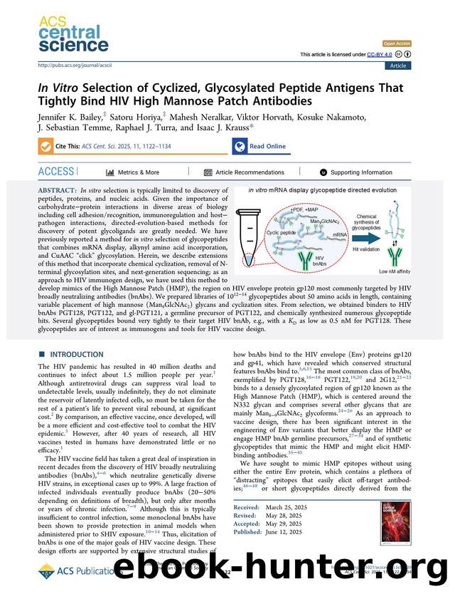 In Vitro Selection of Cyclized, Glycosylated Peptide Antigens That Tightly Bind HIV High Mannose Patch Antibodies by unknow