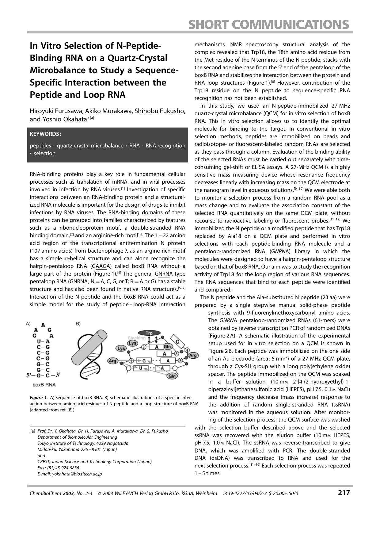 In Vitro Selection of N-Peptide-Binding RNA on a Quartz-Crystal Microbalance to Study a Sequence-Specific Interaction between the Peptide and Loop RNA by Unknown