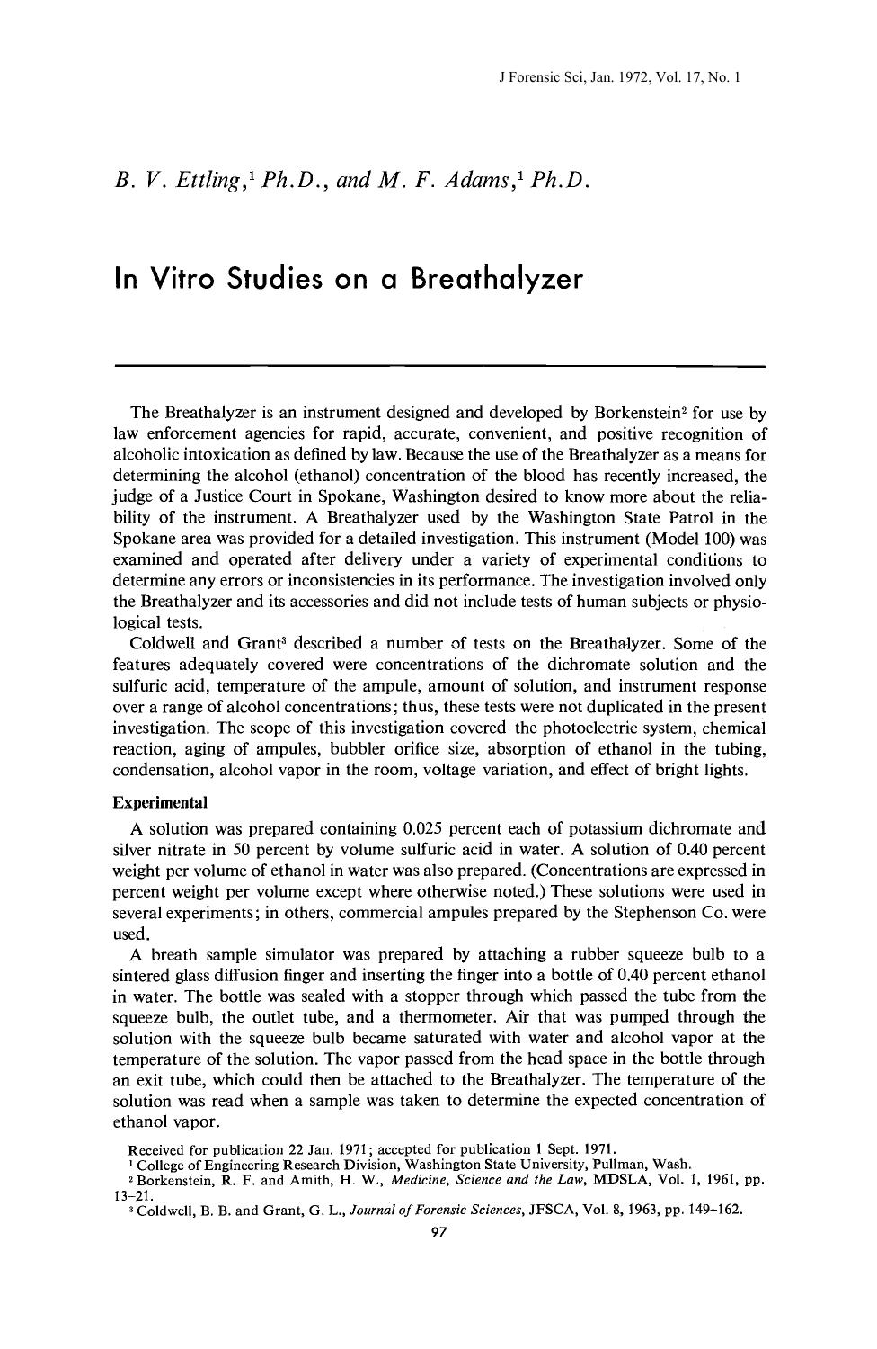 In Vitro Studies on a Breathalyzer by Ettling BV Adams MF