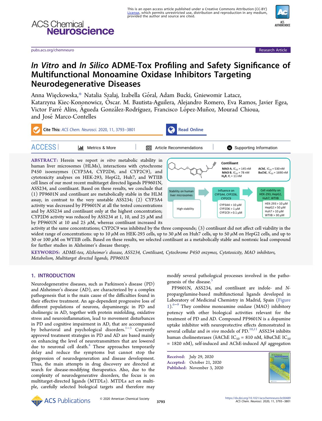 In Vitro and In Silico ADME-Tox Profiling and Safety Significance of Multifunctional Monoamine Oxidase Inhibitors Targeting Neurodegenerative Diseases by unknow