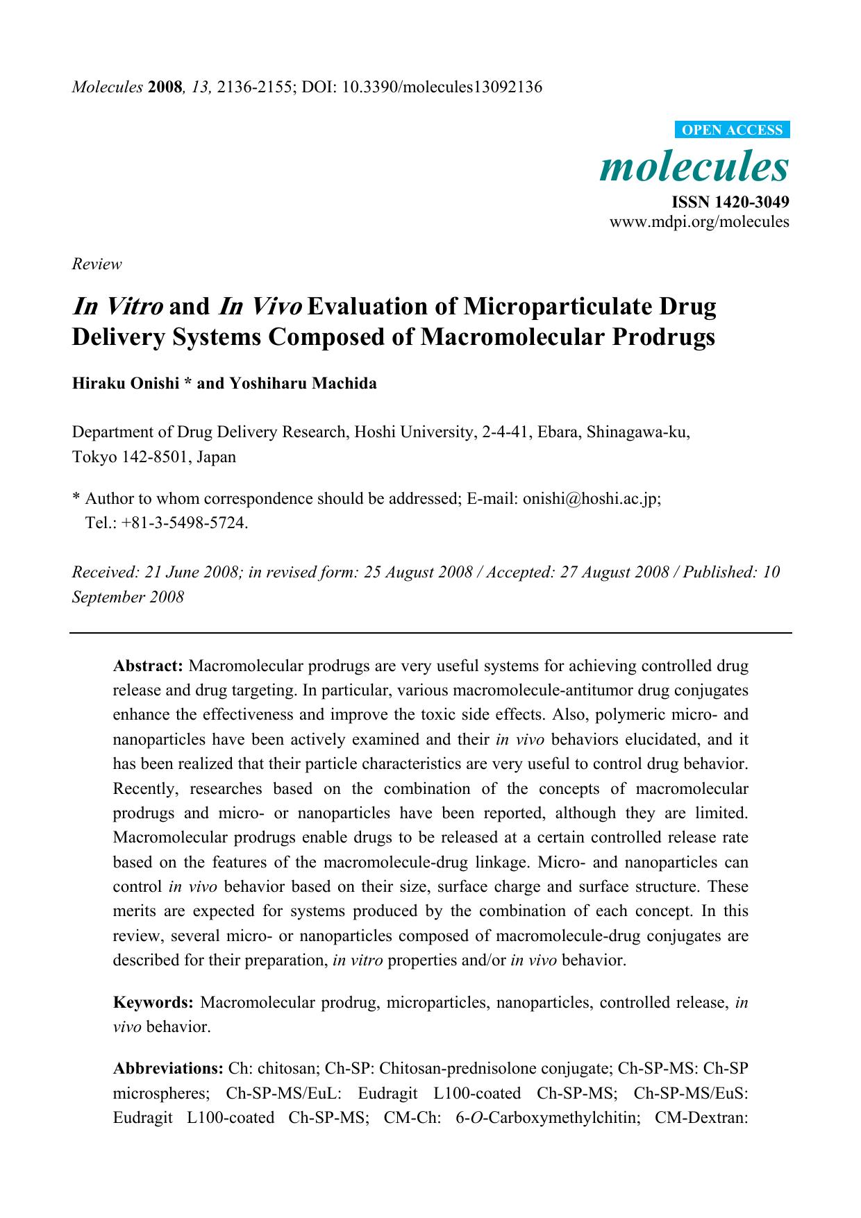 In Vitro and In Vivo Evaluation of Microparticulate Drug Delivery Systems Composed of Macromolecular Prodrugs by Hiraku Onishi * and Yoshiharu Machida
