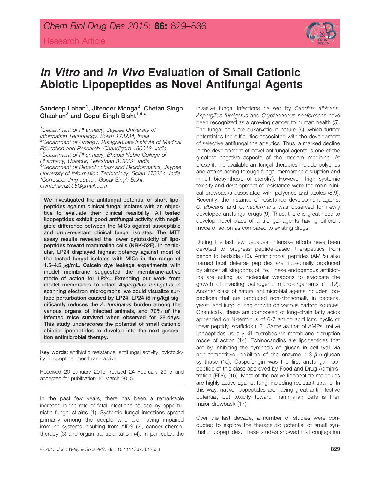In Vitro and In Vivo Evaluation of Small Cationic Abiotic Lipopeptides as Novel Antifungal Agents by unknow