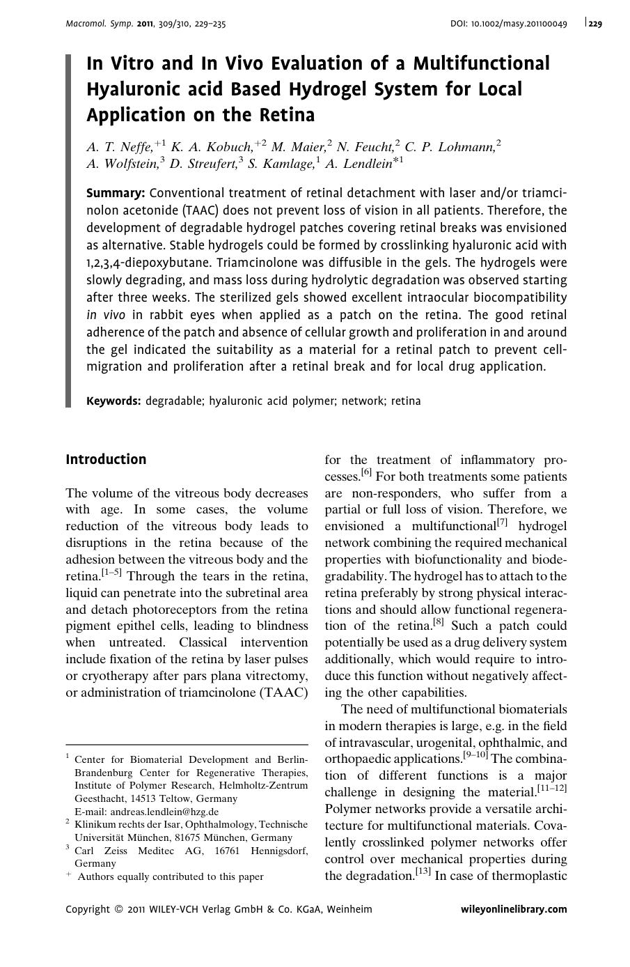 In Vitro and In Vivo Evaluation of a Multifunctional Hyaluronic acid Based Hydrogel System for Local Application on the Retina by Unknown